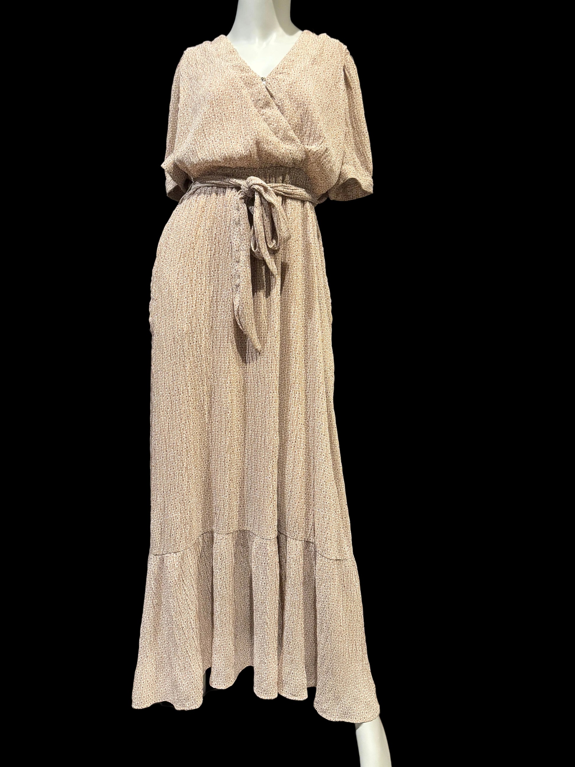 Orange Creek L.A. - Tan Floral Crinkle Chiffon Maxi Dress - Size L - Front view perfect length - bow tie belt.