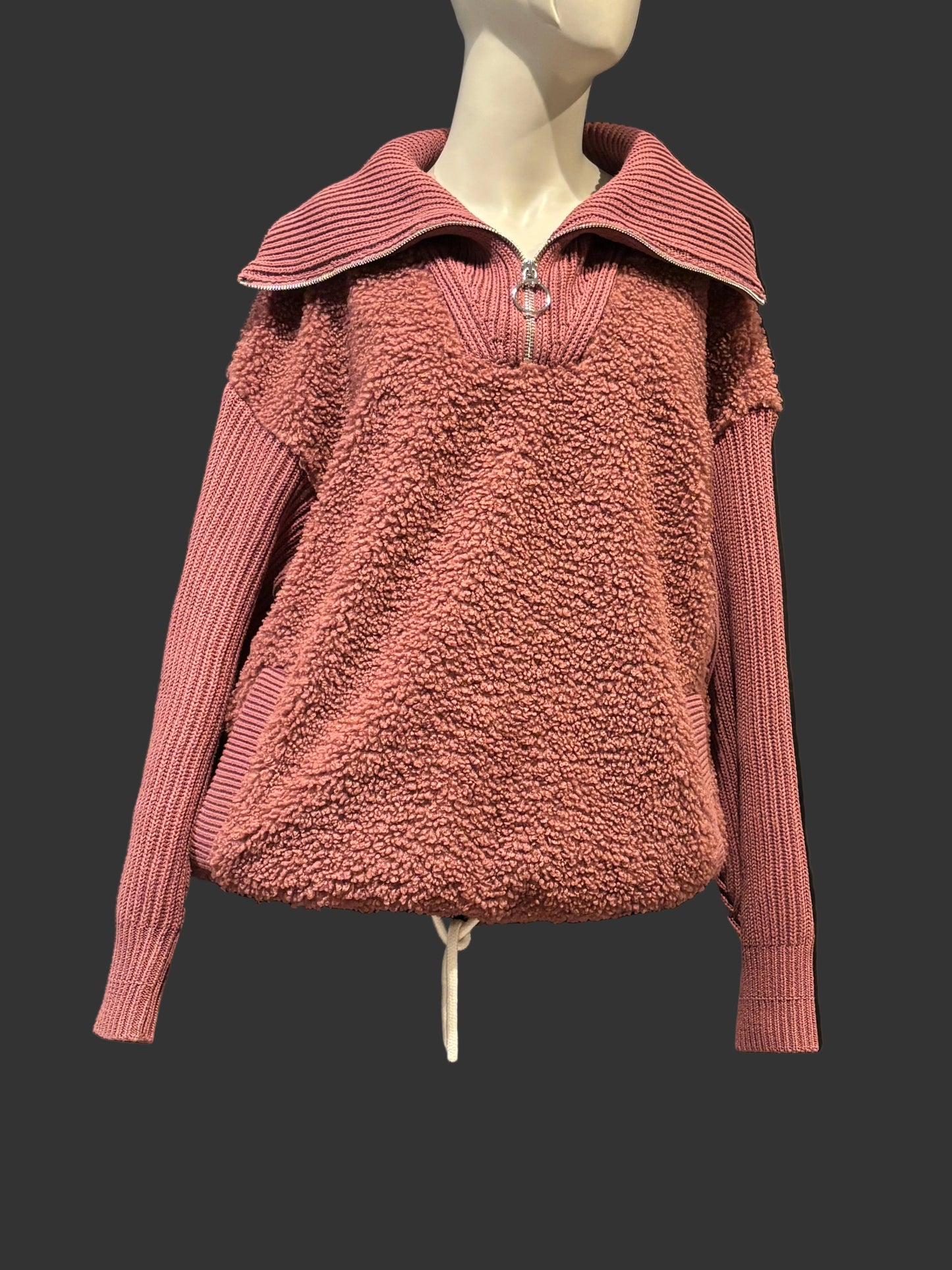Varley - Maroon/Red Boucle Sherpa 1/2 Zip Overhead Jacket - Size S - Front View - natural soft fabric, 1/2 zip Overhead jacket.