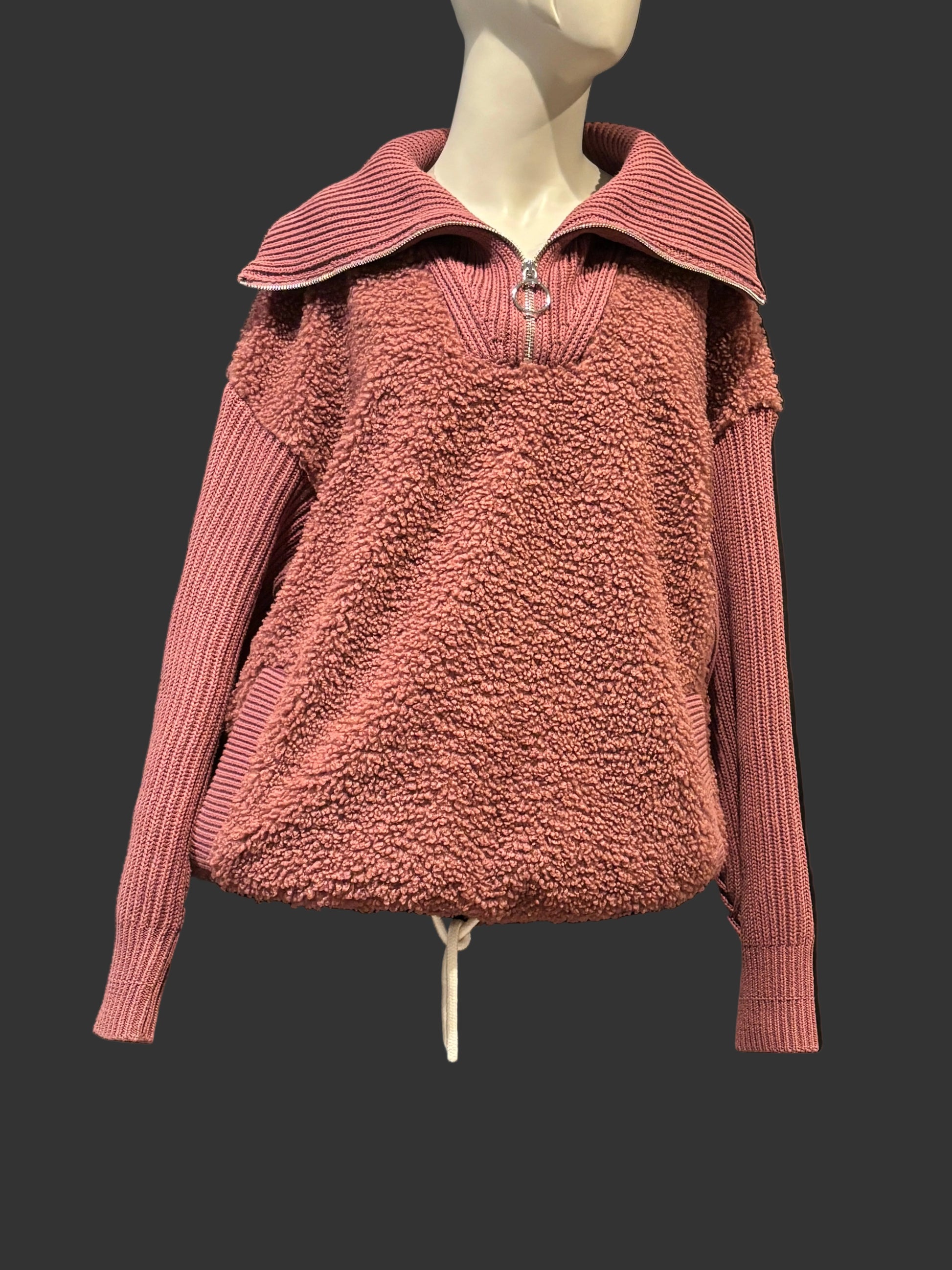 Varley - Maroon/Red Boucle Sherpa 1/2 Zip Overhead Jacket - Size S - Front View - natural soft fabric, 1/2 zip Overhead jacket.