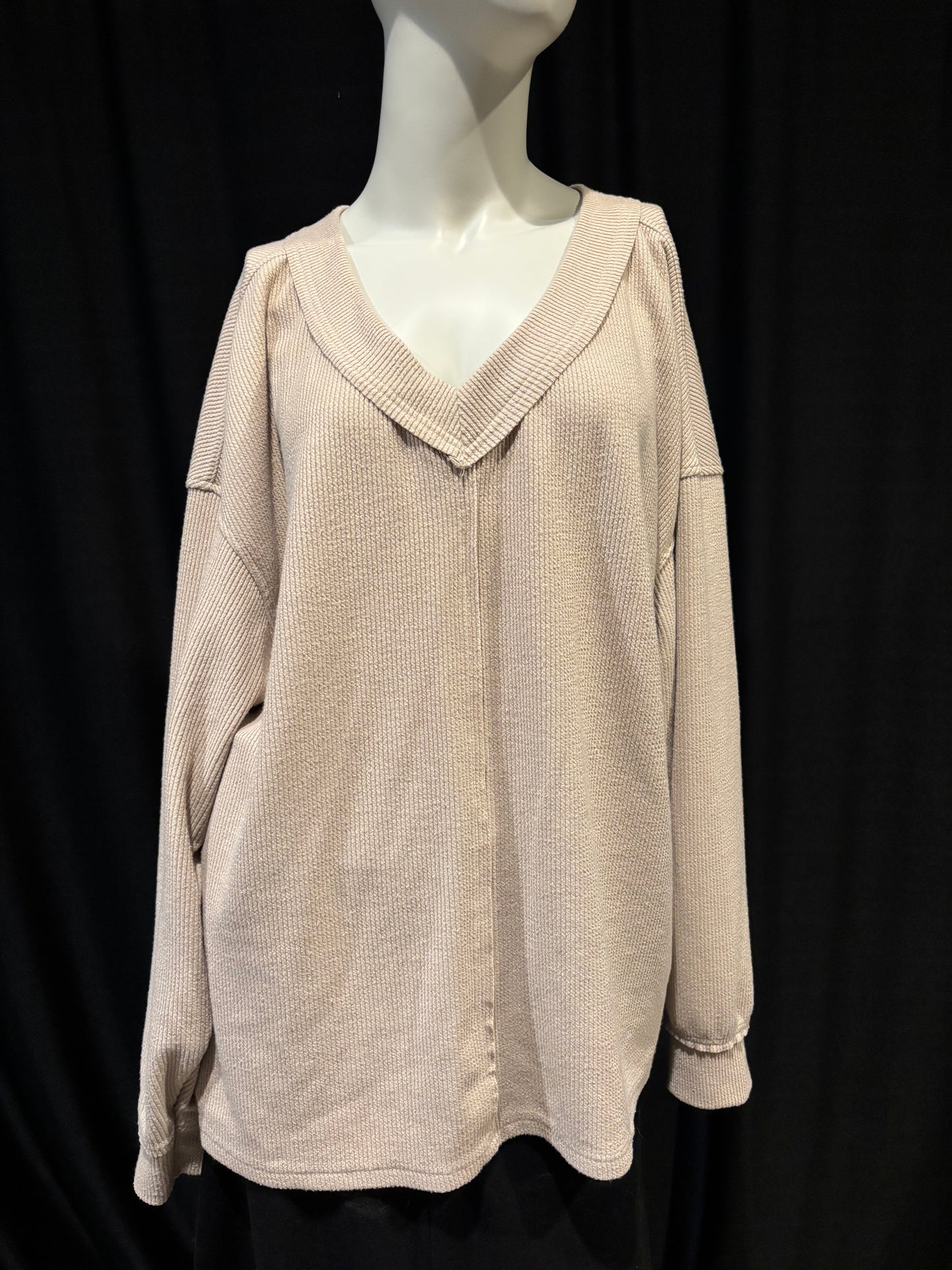 Tan Oversized Ribbed V-Neck Top with Exposed Seaming - Size L - Front view - unique seeming.