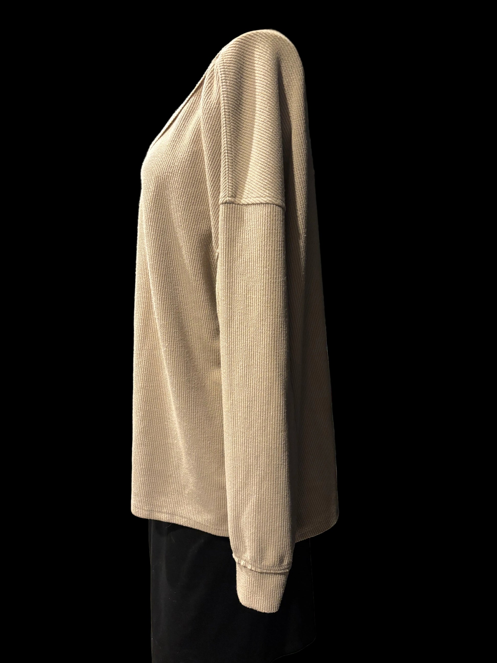 Tan Oversized Ribbed V-Neck Top with Exposed Seaming - Size L - Side view