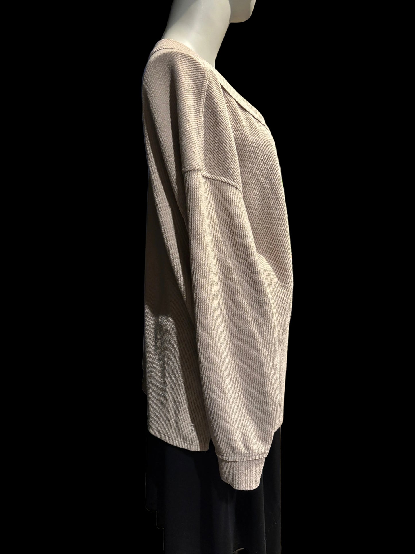 Tan Oversized Ribbed V-Neck Top with Exposed Seaming - Size L - Side view- hip vent behind arm