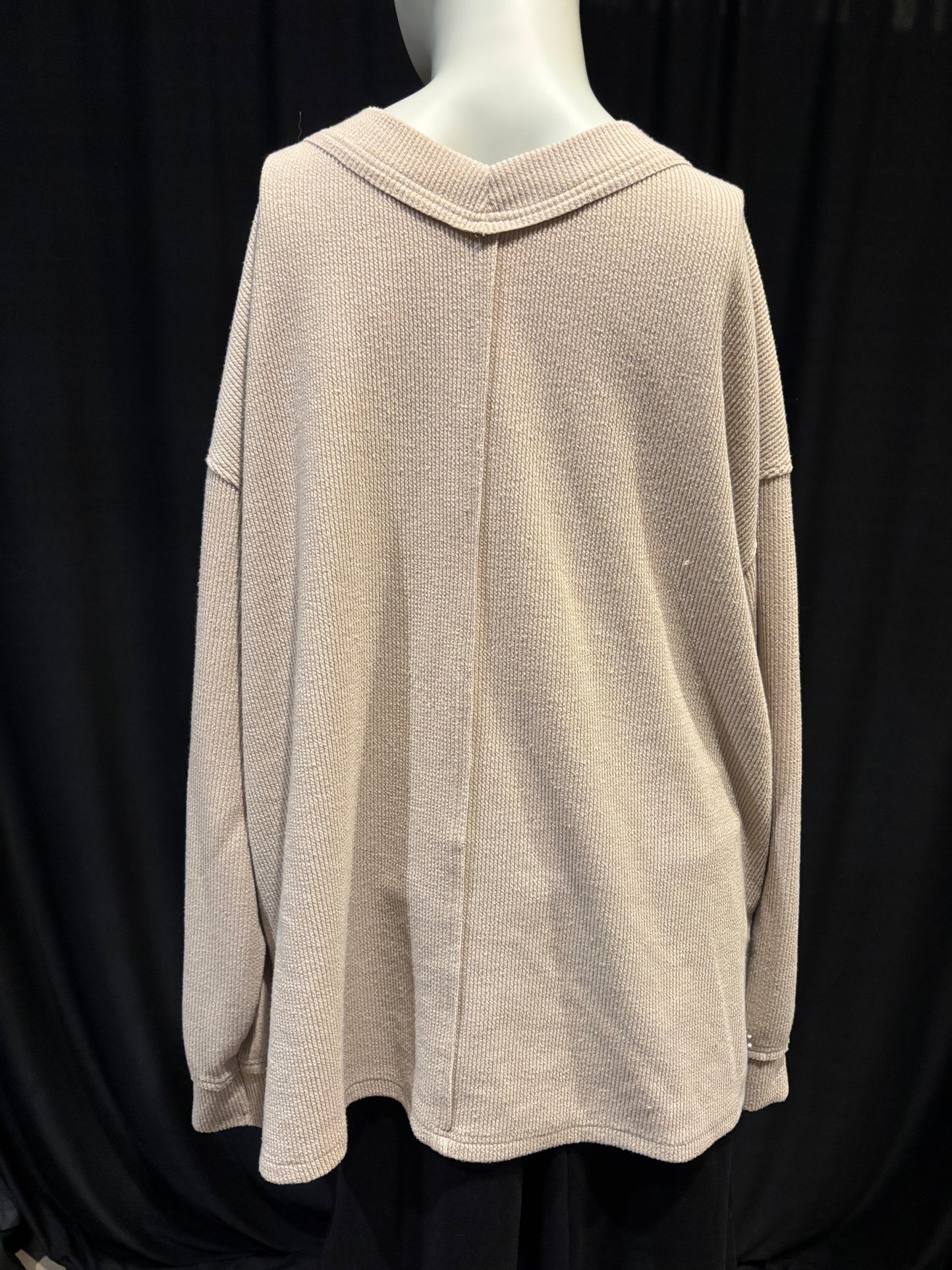 Tan Oversized Ribbed V-Neck Top with Exposed Seaming - Size L - front view, seeming down the front center.