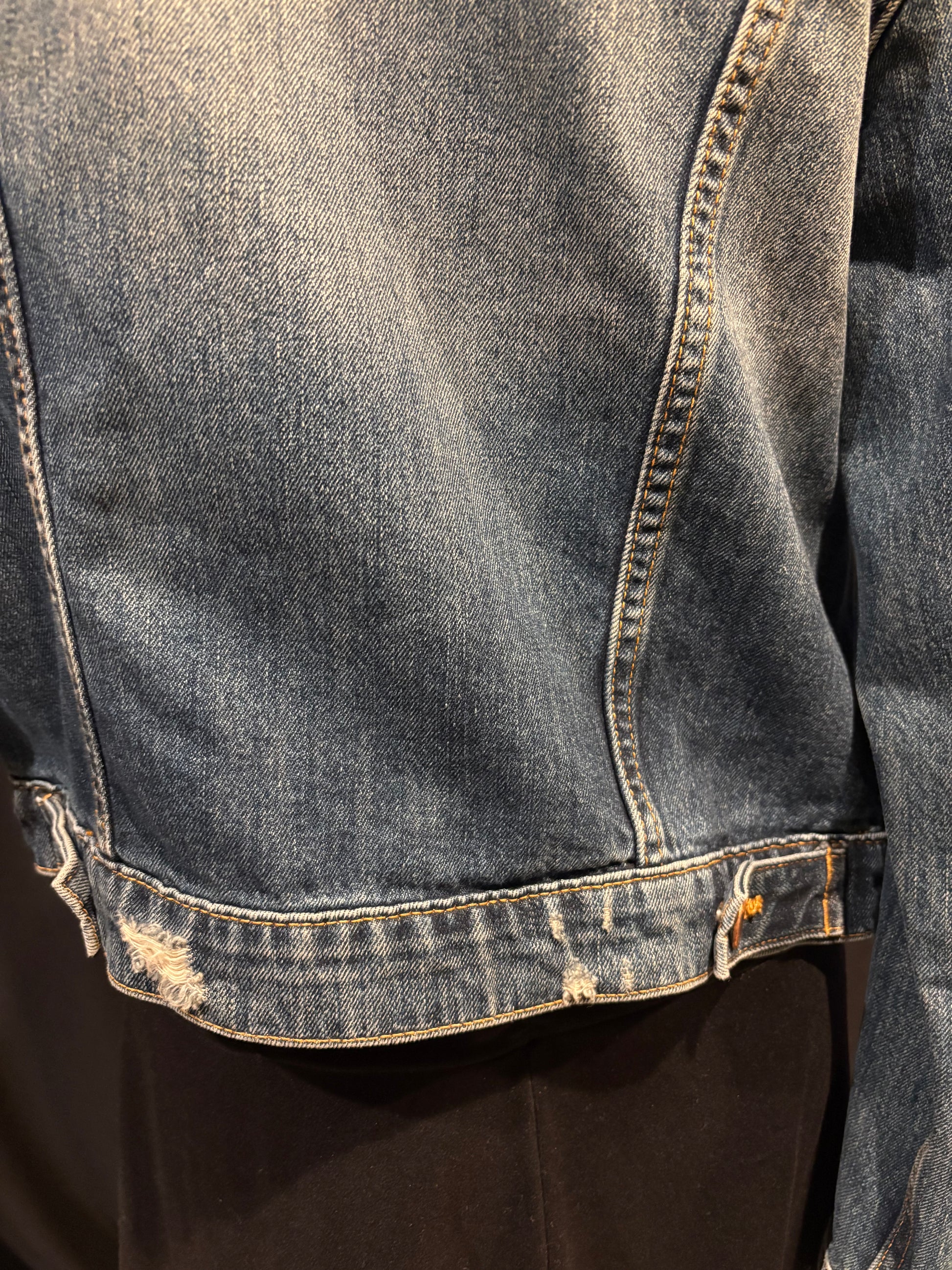 Fidelity Denim - Distressed Denim Jacket with Copper Buttons - Size XS - hem distressing. made in the USA