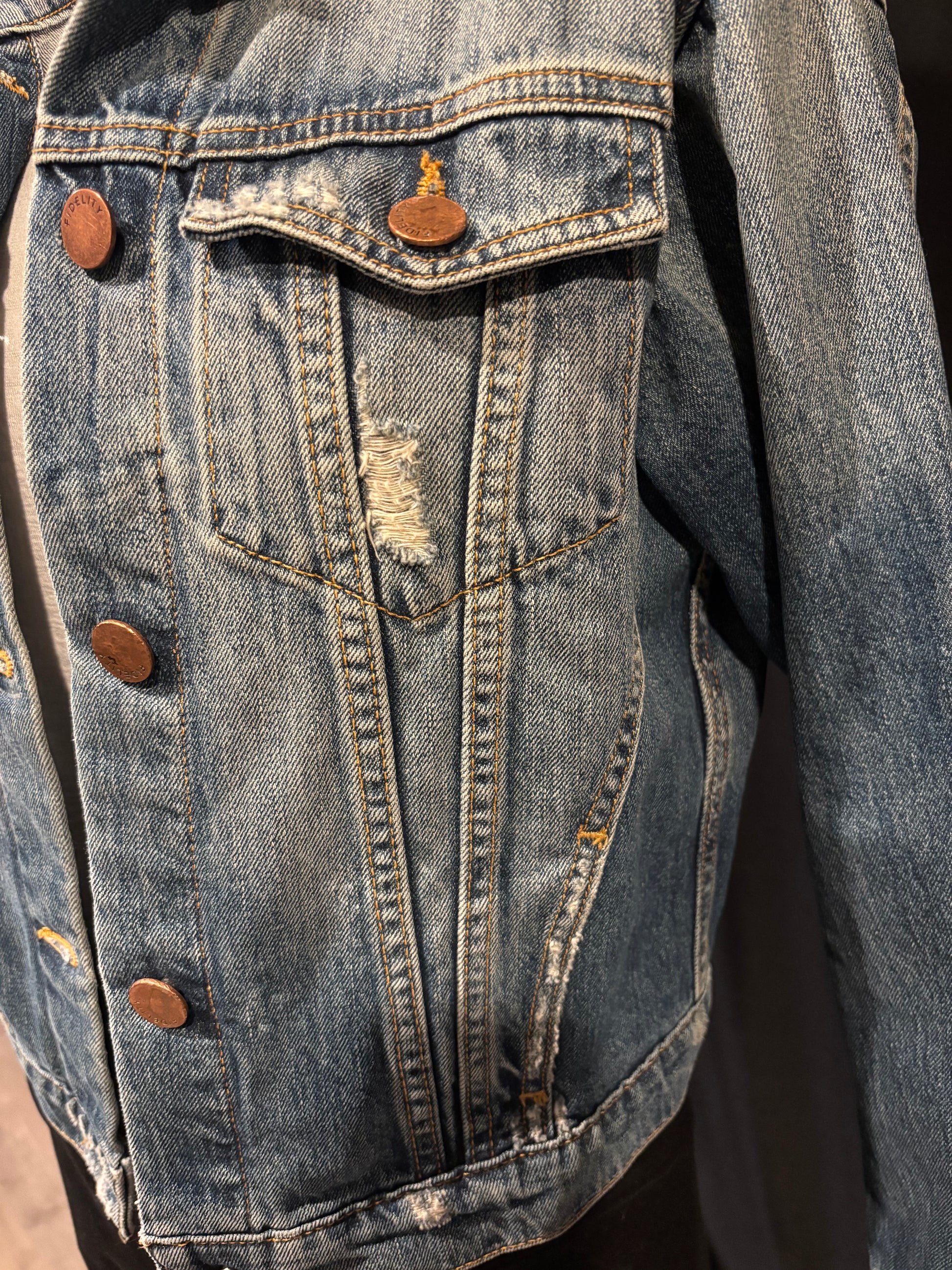 Fidelity Denim - Distressed Denim Jacket with Copper Buttons - Size XS - Copper buttons