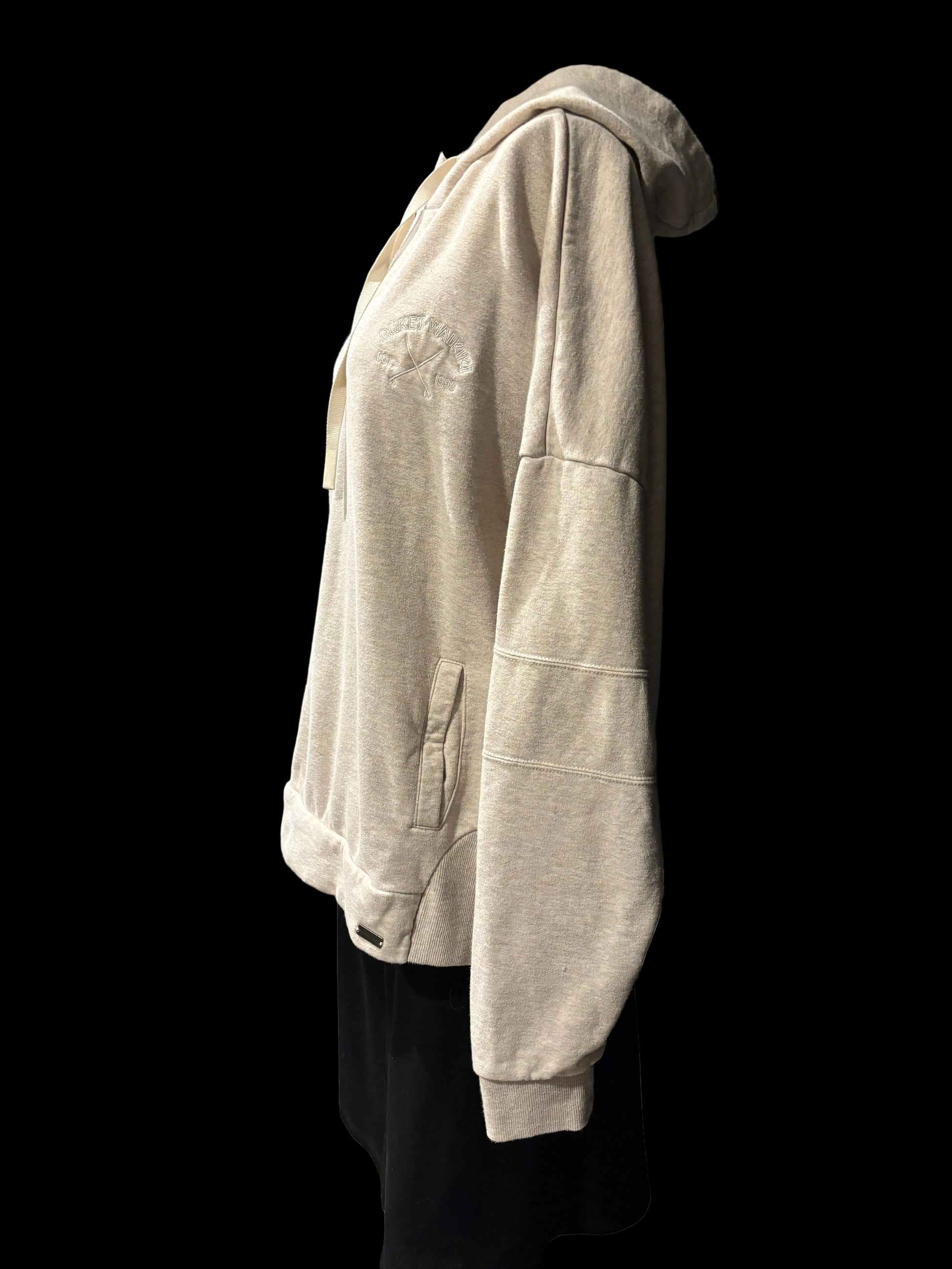 Techstyles - Duke's Waikiki Hooded Sweatshirt - Heathered Tan/Grey - Size XL - Side view - logo on chest