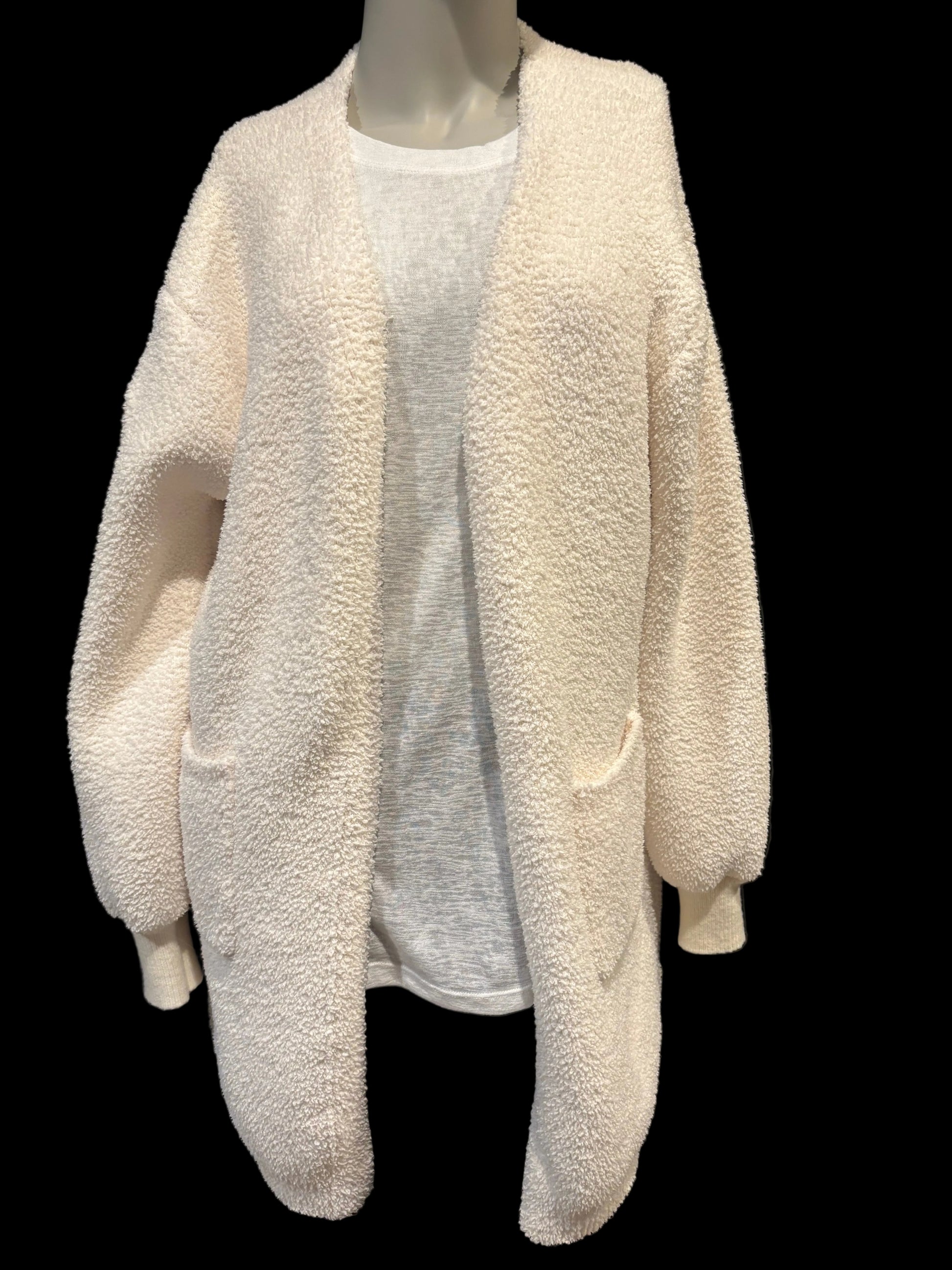 Plushie Cozy - Ivory Fuzzy Sherpa Cardigan - Size L - Front View, open front, no closures