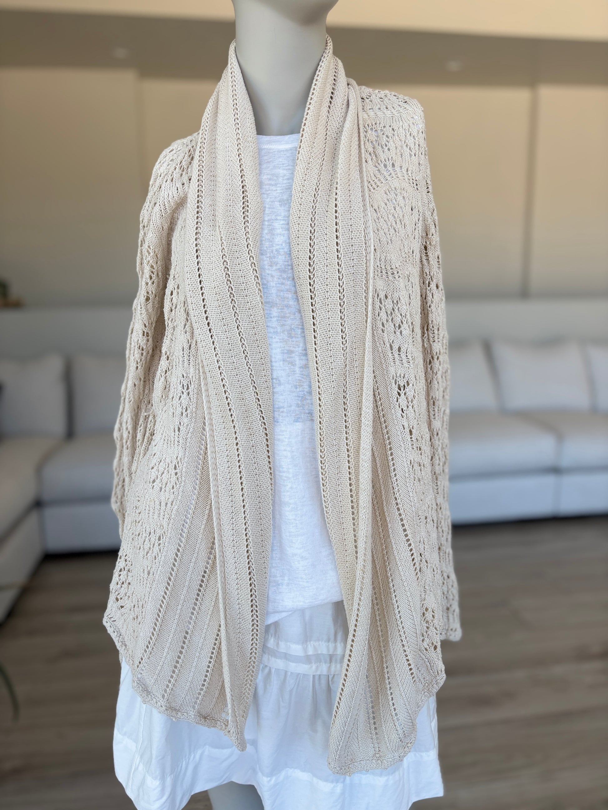 INC International Concepts cream pointelle cardigan with striped lapel detail and soft drape
