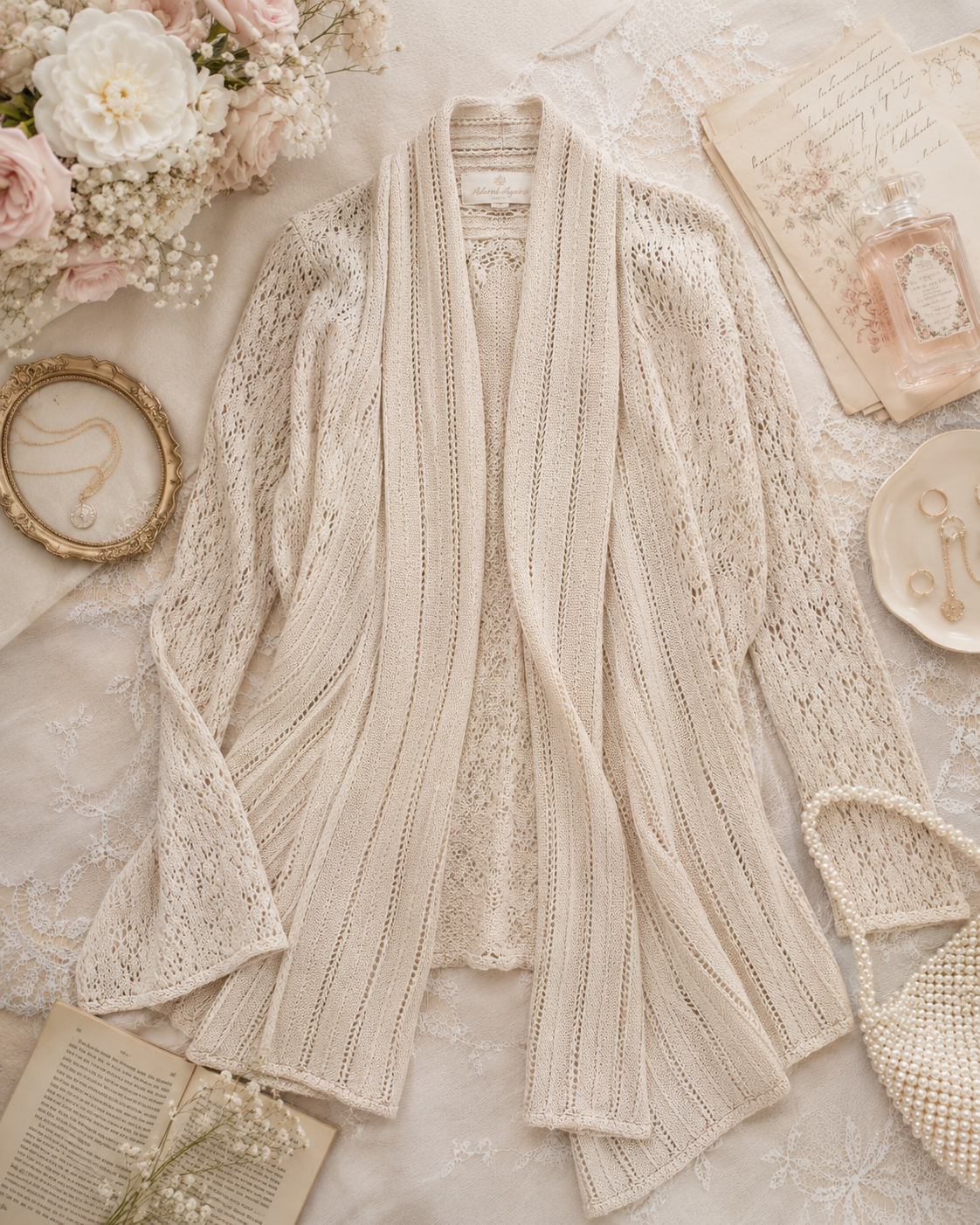 Ivory oatmeal INC International Concepts open front cardigan with pointelle knit texture