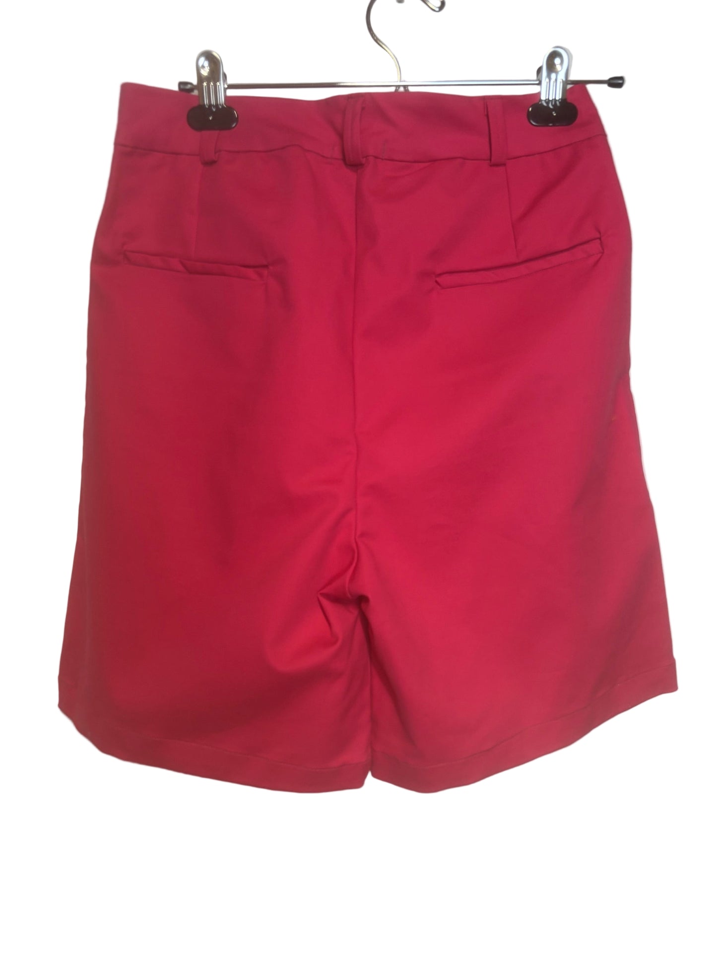 IZION F. high-waist pleated shorts in coral pink, size S-Back view, 6.5" inseam, belt loops, rear pockets