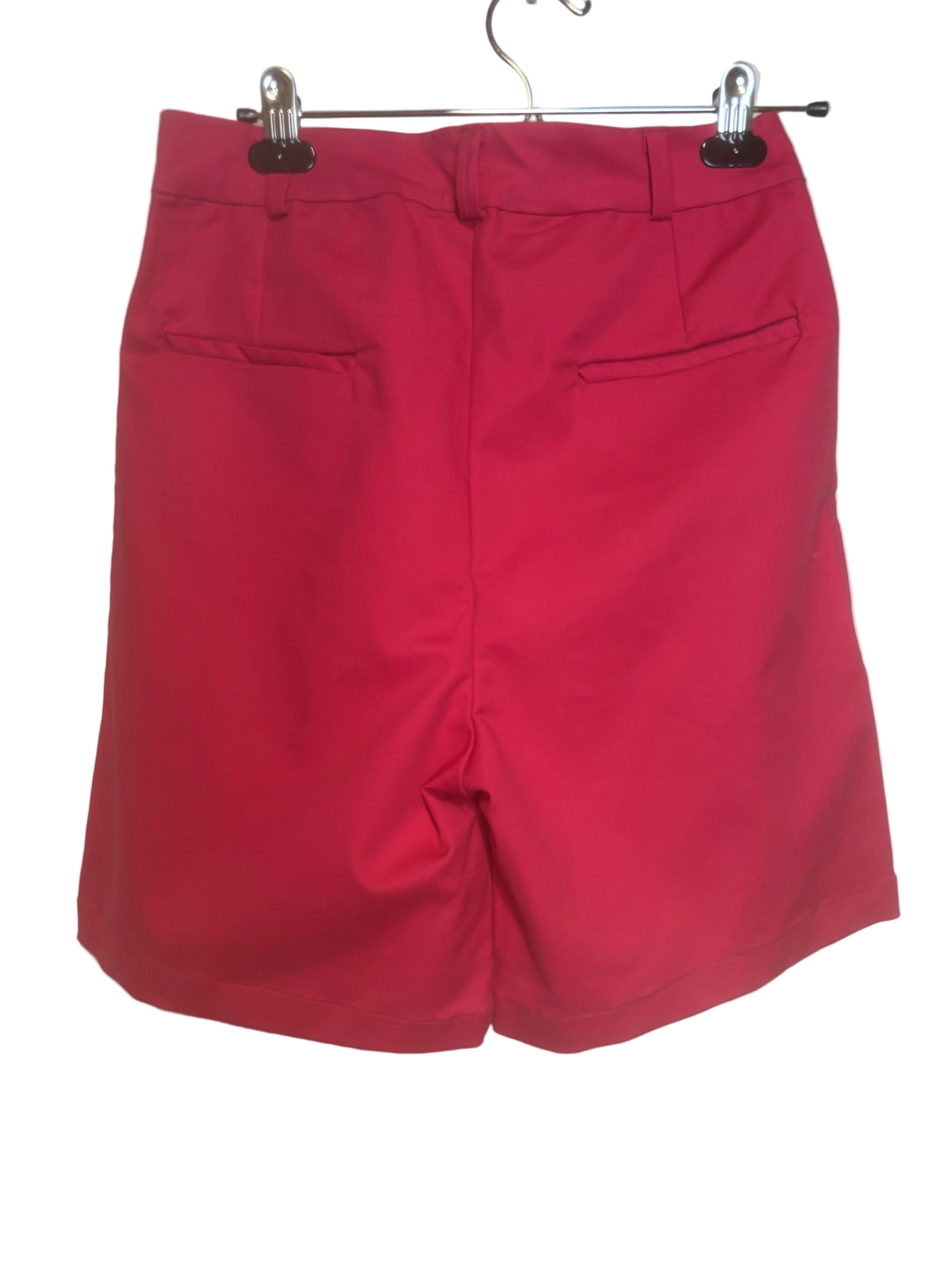 IZION F. high-waist pleated shorts in coral pink, size S-Back view, 6.5" inseam, belt loops, rear pockets