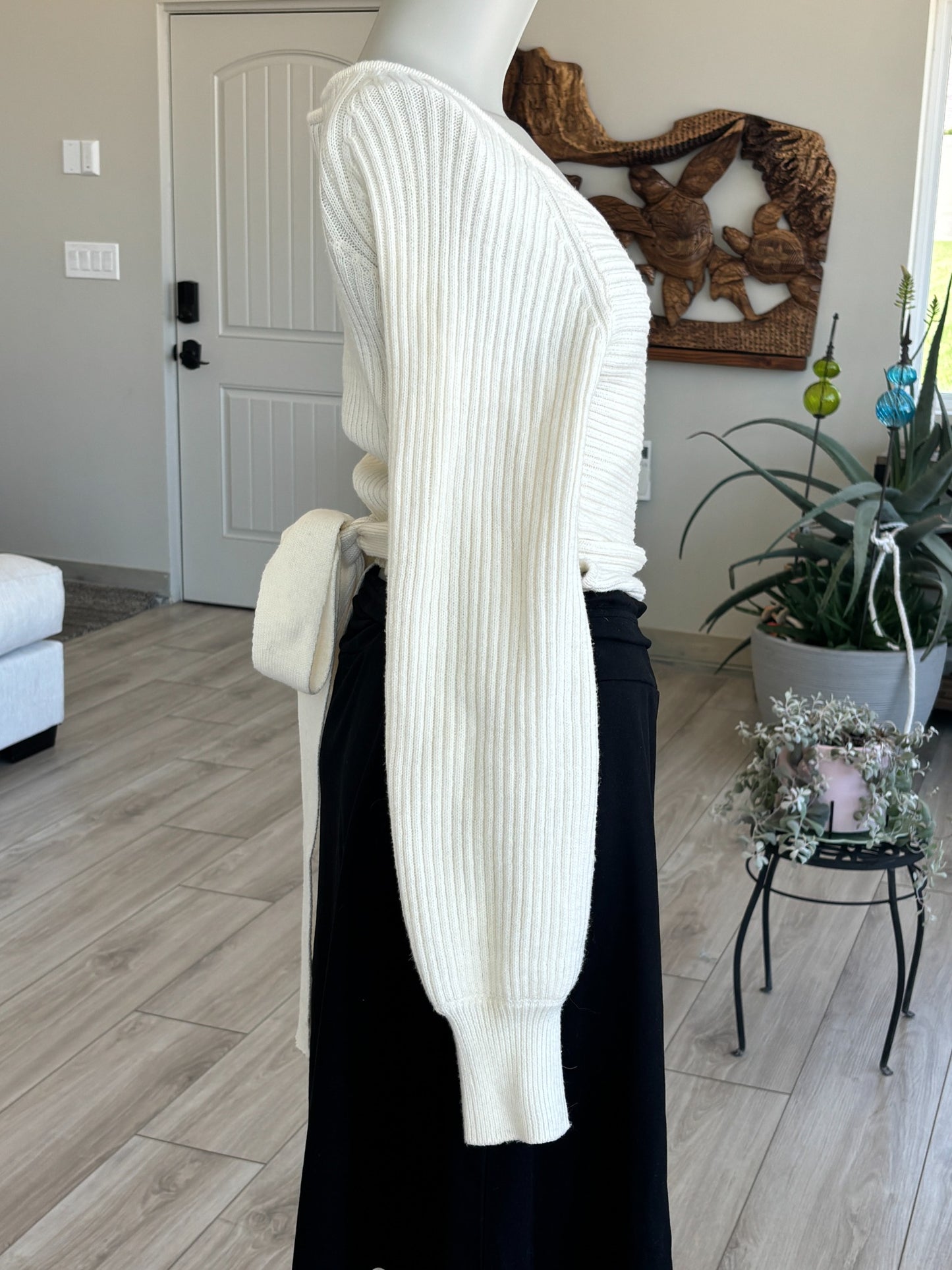 Vici ivory long sleeve sweater with wrap front and soft ribbed knit