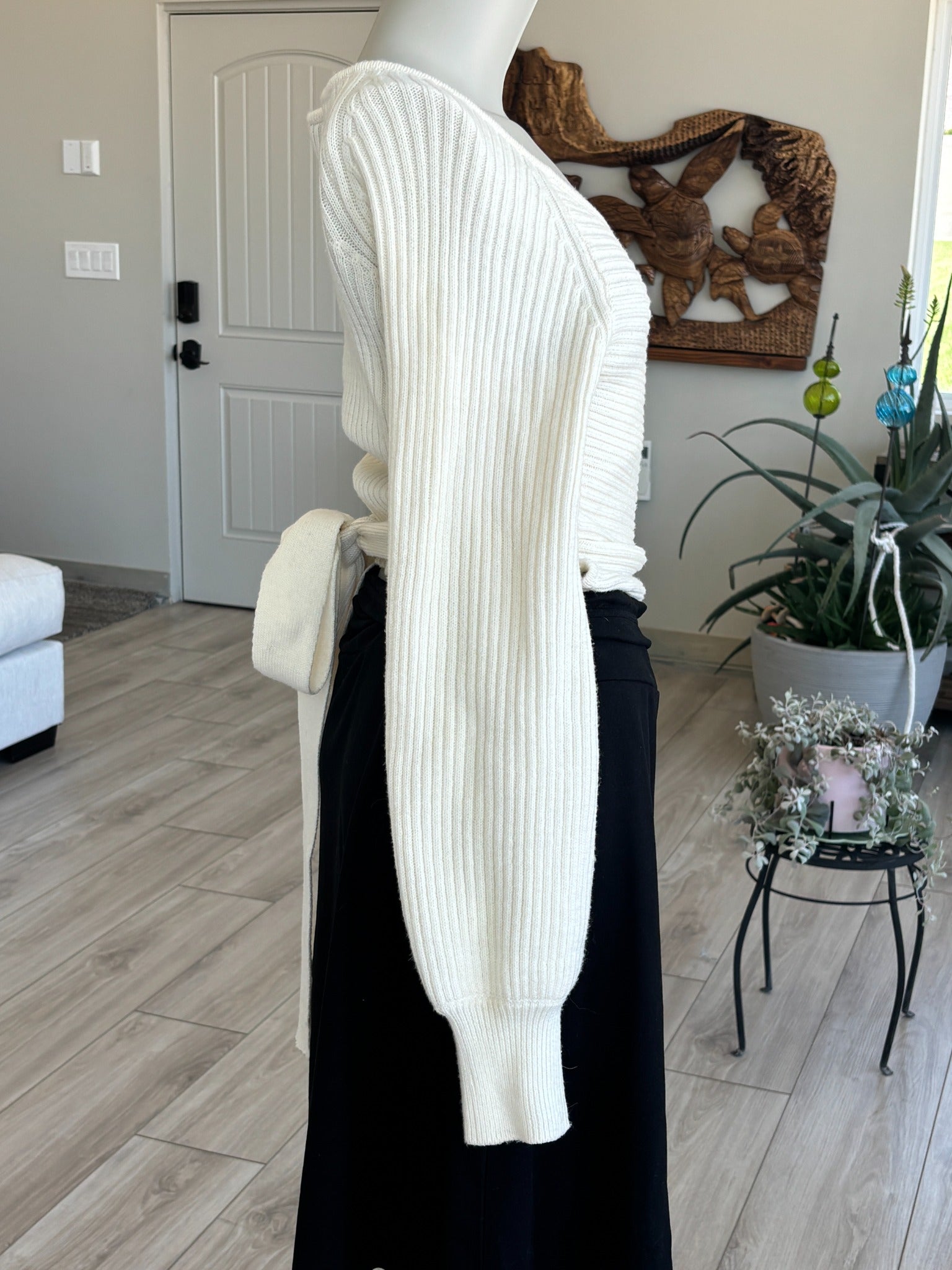 Vici ivory long sleeve sweater with wrap front and soft ribbed knit