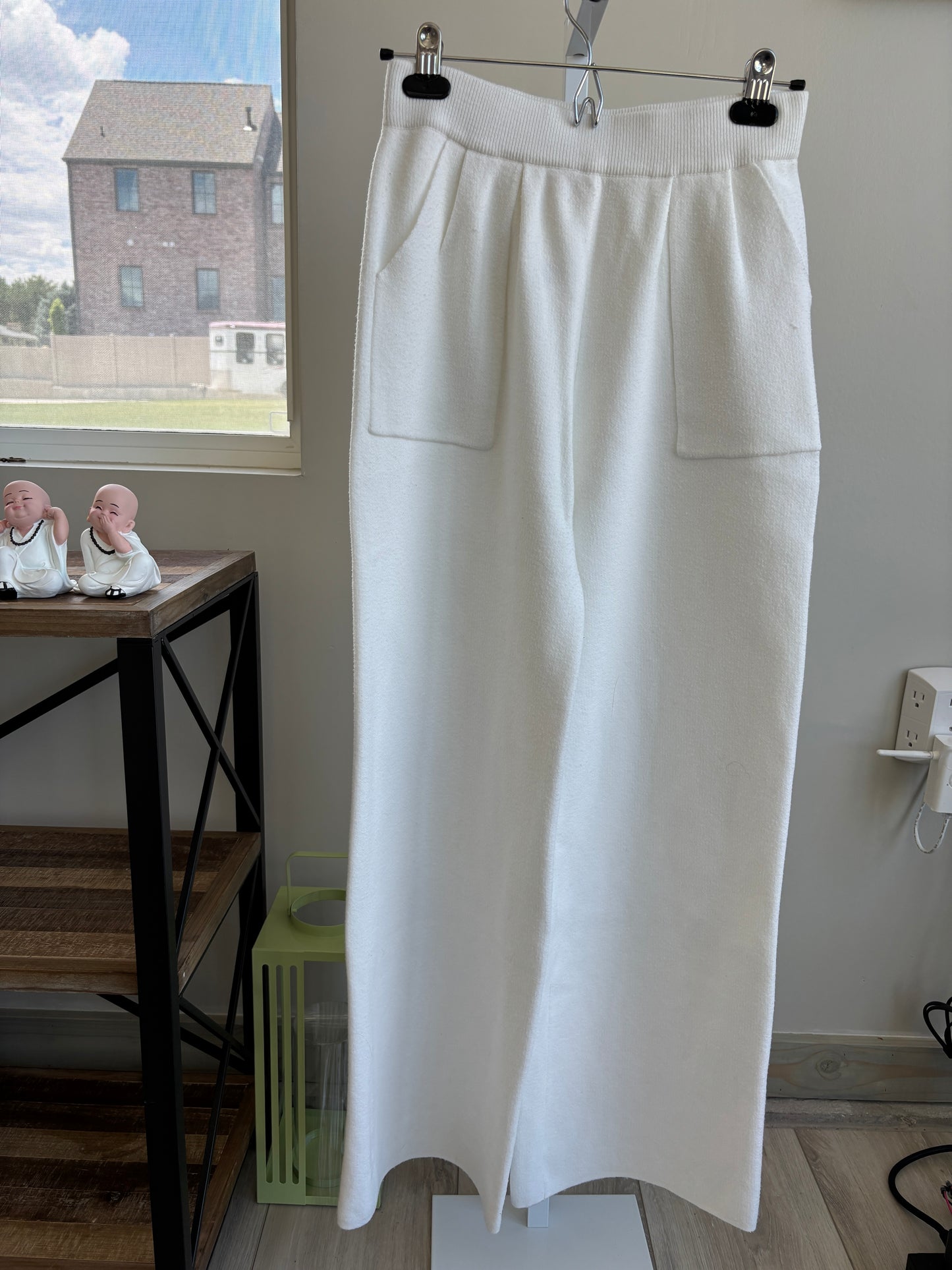 Pink Lily ivory knit lounge pants styled for a soft cozy couch outfit in size small.