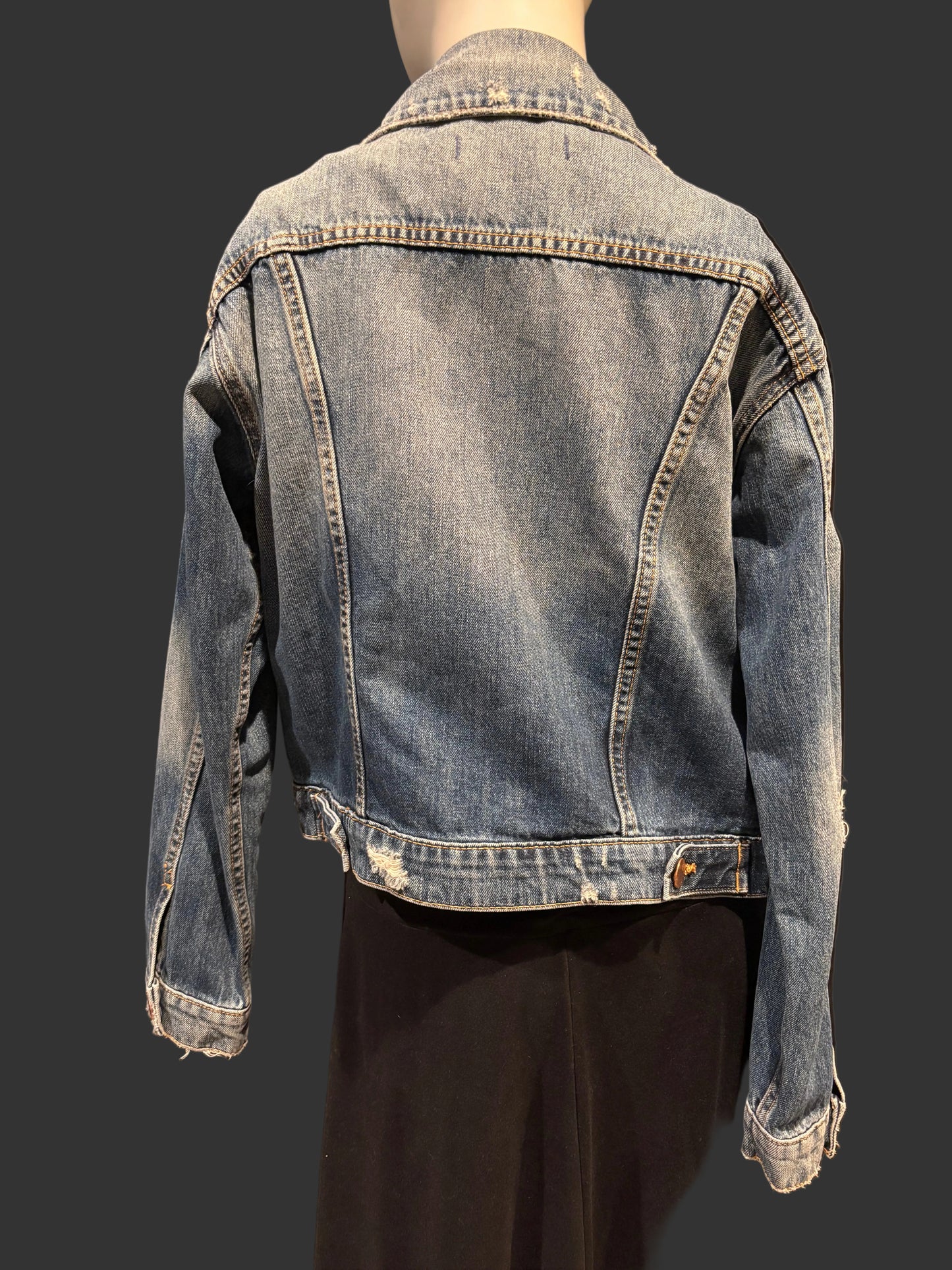 Fidelity Denim - Distressed Denim  NWTJacket with Copper Buttons - Size XS Back view - cute distressing throughout