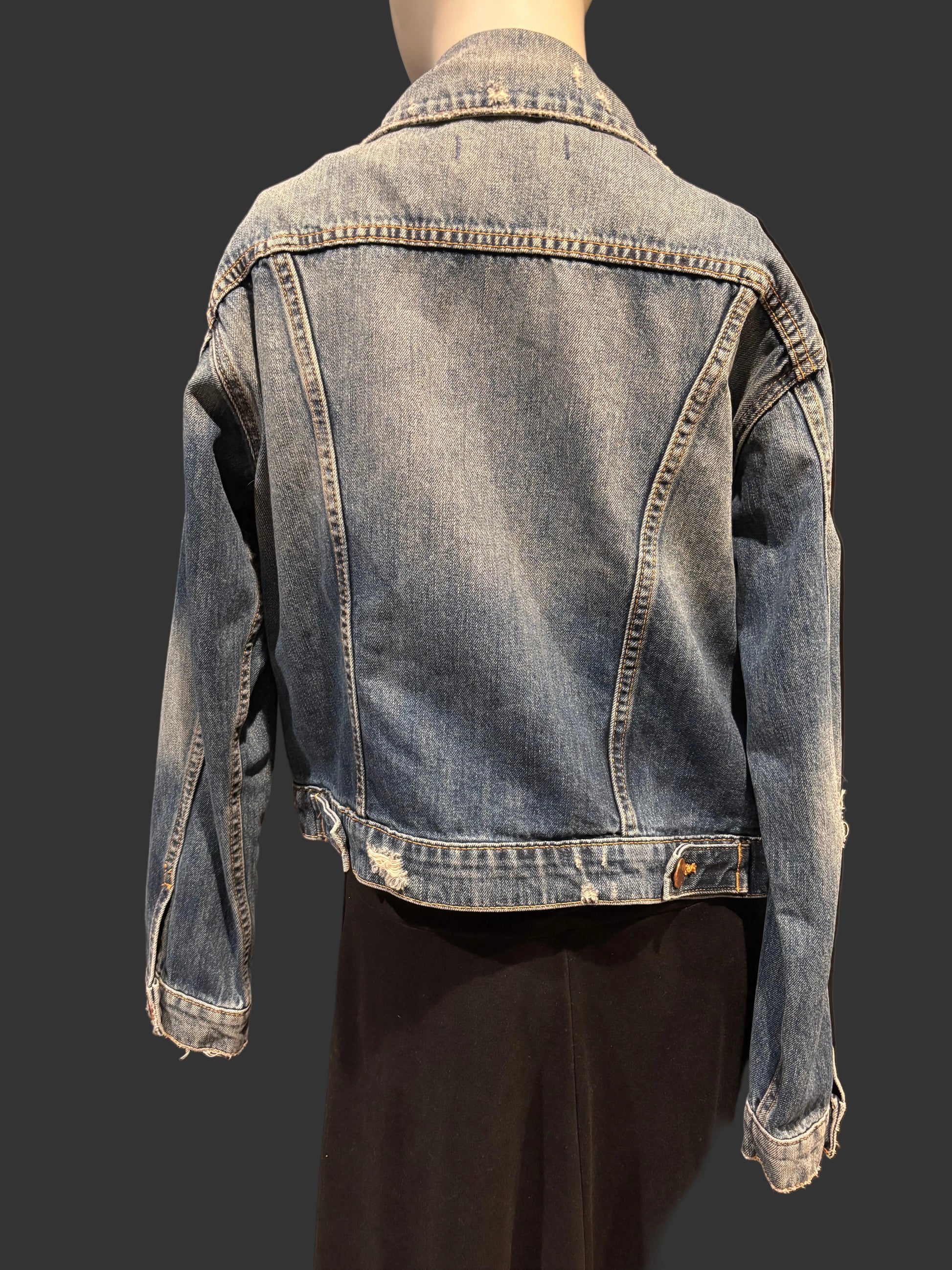 Fidelity Denim - Distressed Denim  NWTJacket with Copper Buttons - Size XS Back view - cute distressing throughout