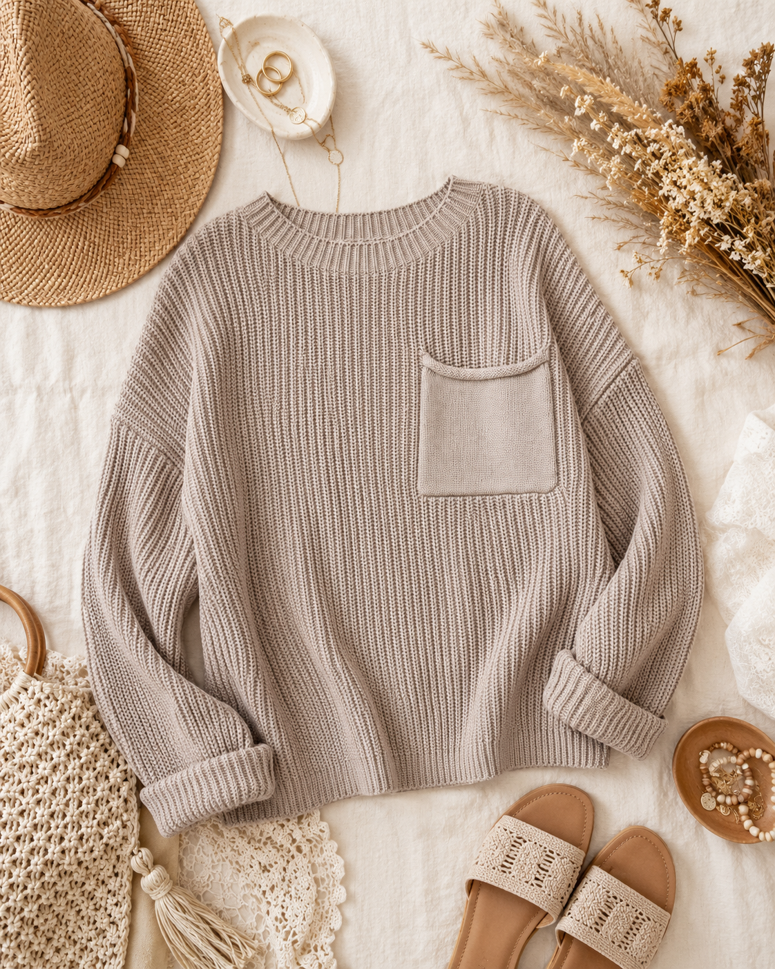 LILLUSORY Free People-inspired cotton sweater with rolled front pocket detail