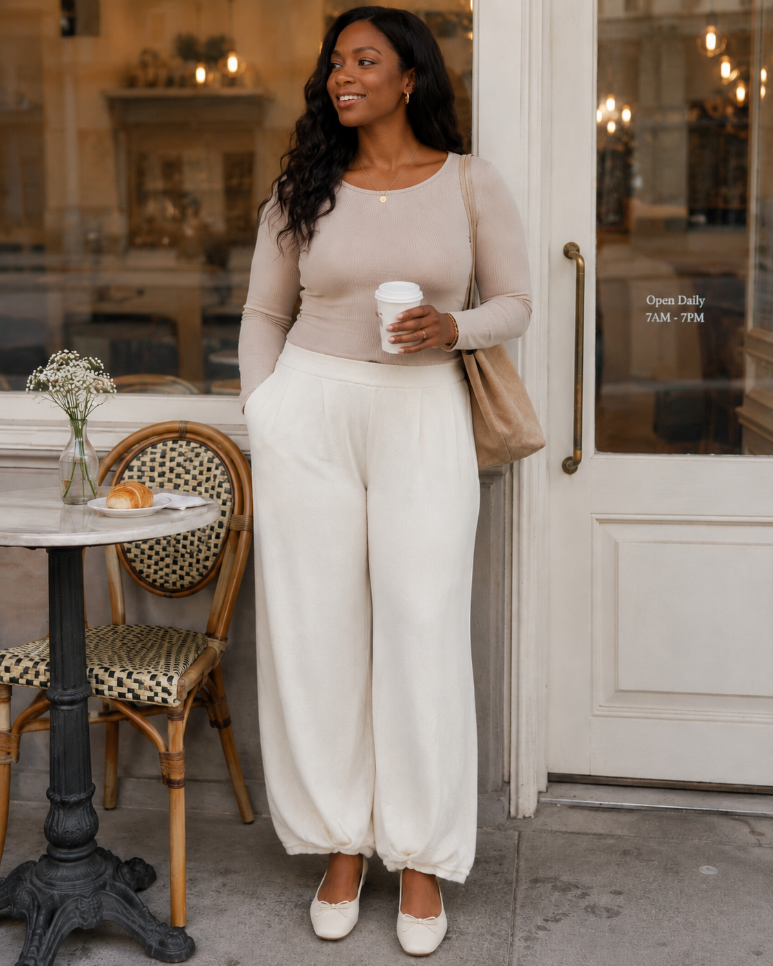 Ivory LILLUSORY sweater knit pants with pleated waist and relaxed bubble silhouette