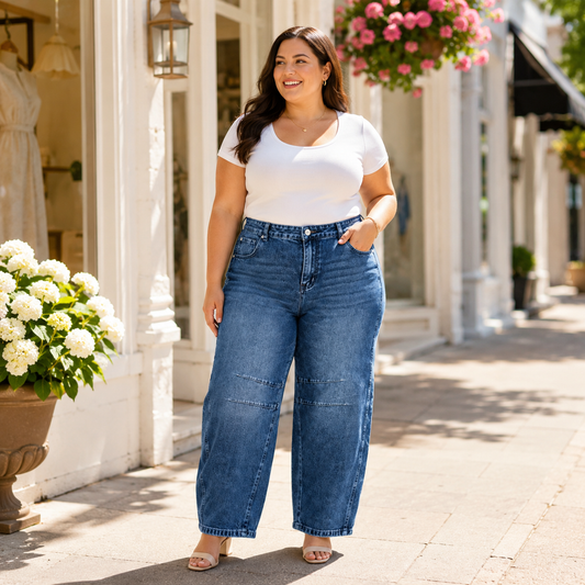 Denim ankle pants with curved barrel silhouette from Adored Again boutique