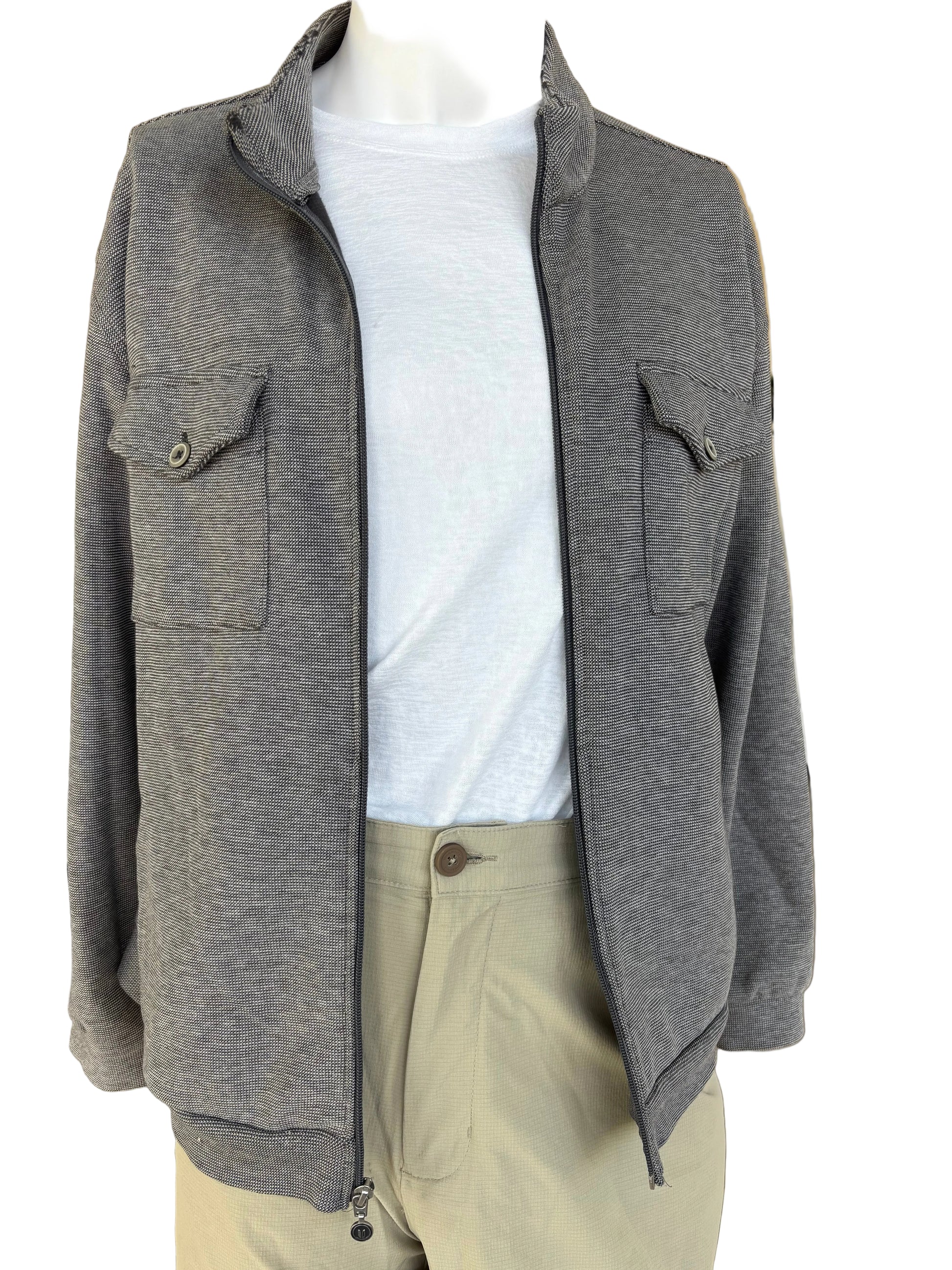 Front open view: LinkSoul gray micro-houndstooth knit zip jacket open front with dual flap chest pockets, size L