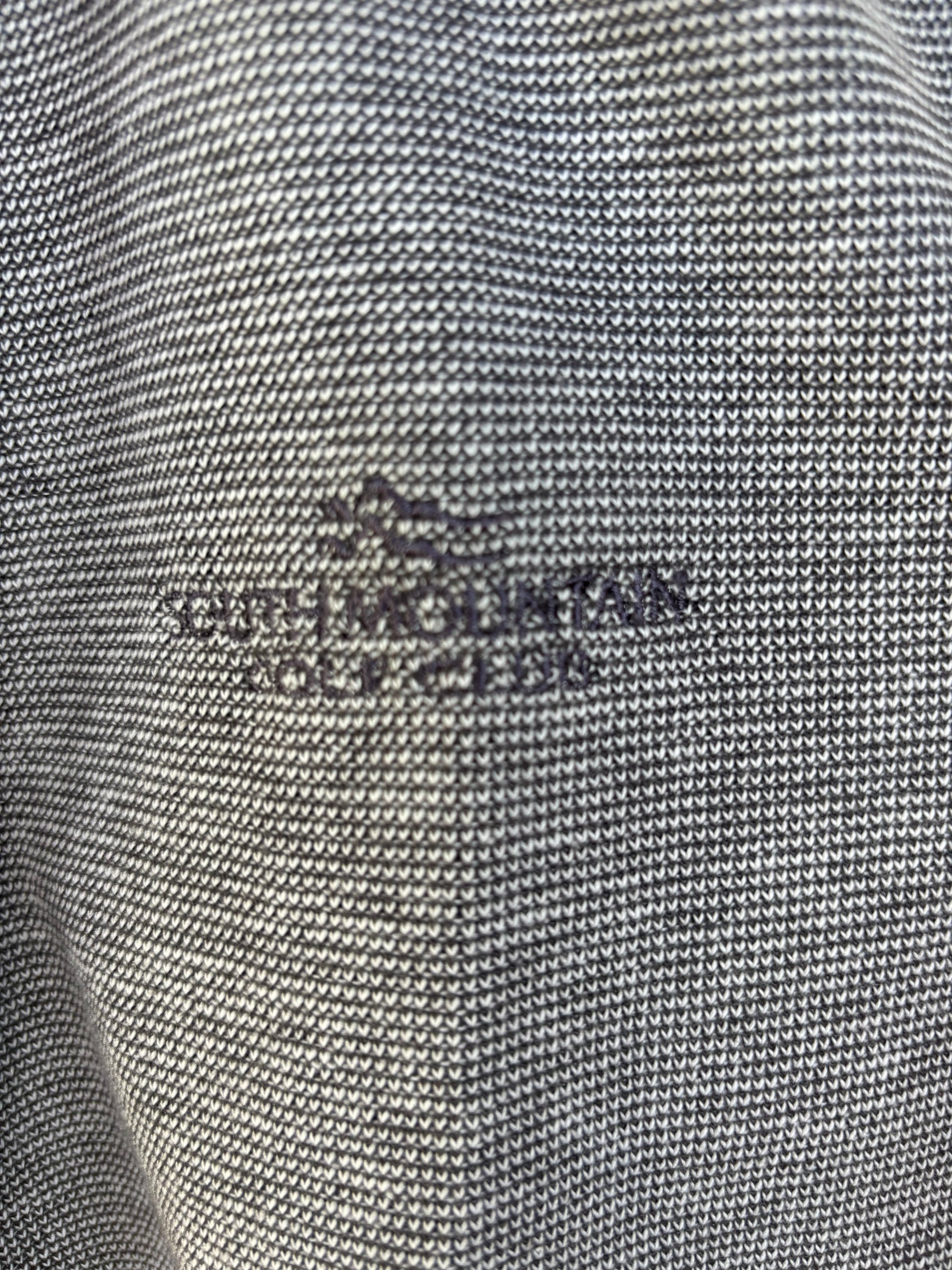 LinkSoul x South Mountain Courses collaboration logo embroidered on gray micro-houndstooth knit zip jacket sleeve, size L