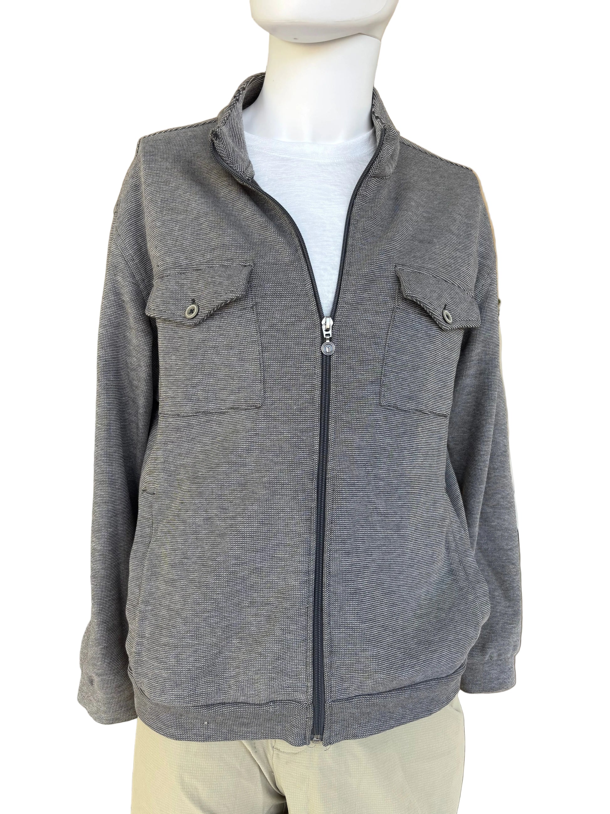 Front shot: LinkSoul gray micro-houndstooth knit zip jacket with dual flap chest pockets and full zip front, size L