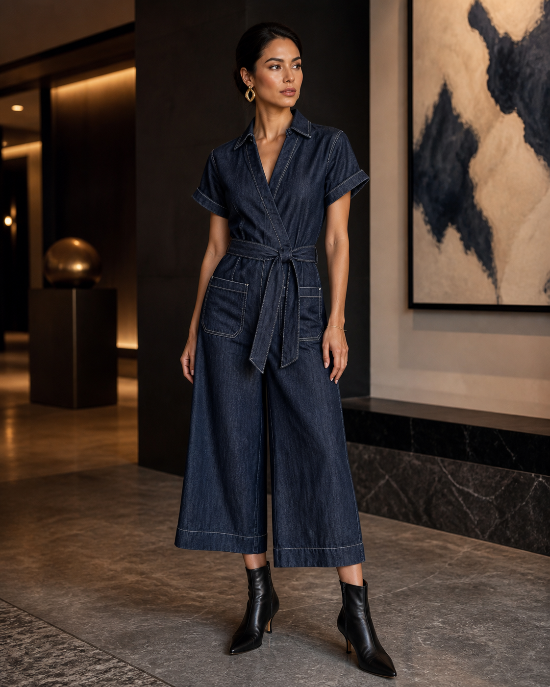 Maeve Colette faux-wrap wide-leg jumpsuit in deep charcoal-black denim with light contrast topstitching