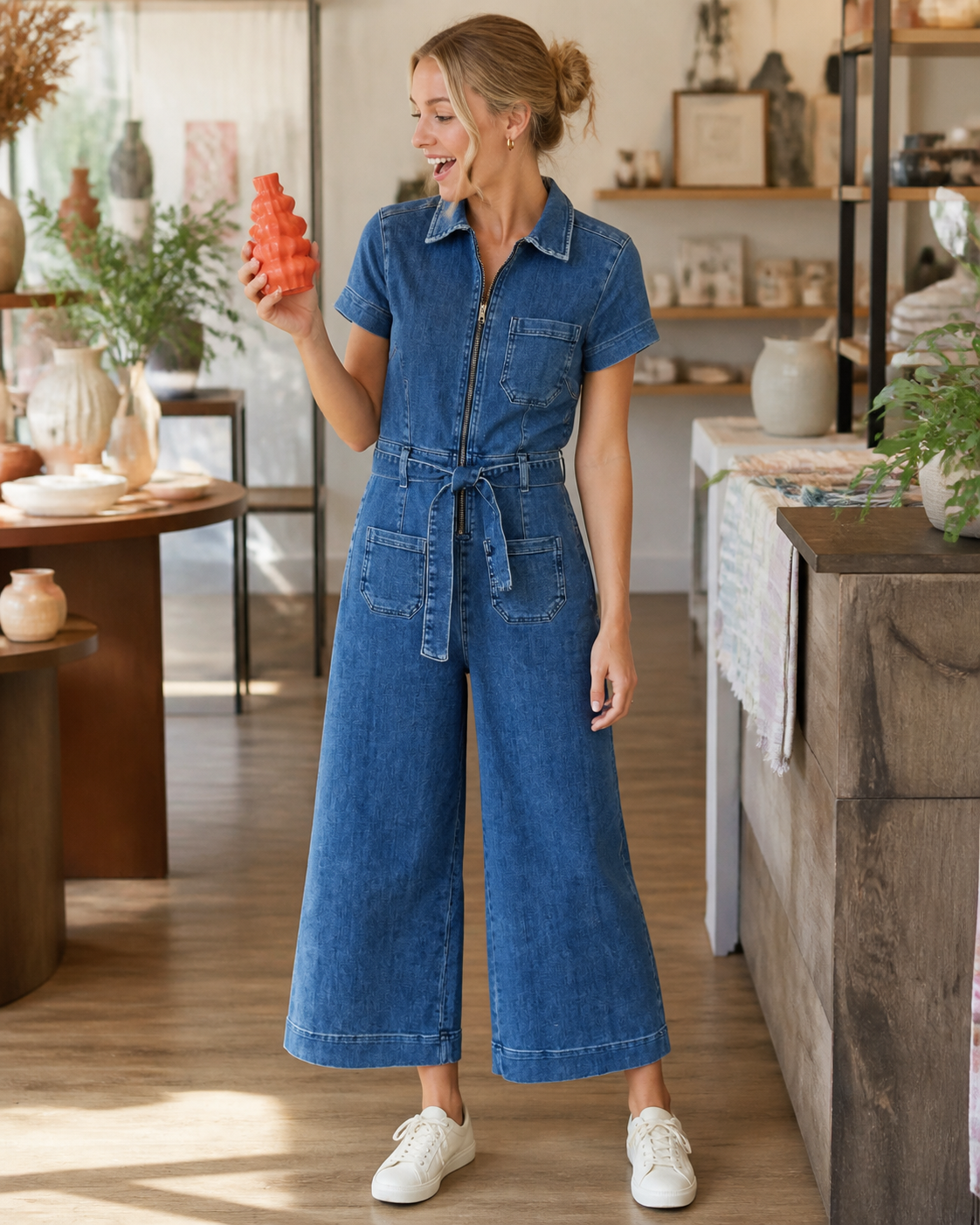 Maeve zip-front utility jumpsuit in medium-wash denim with chest, front, and back patch pockets