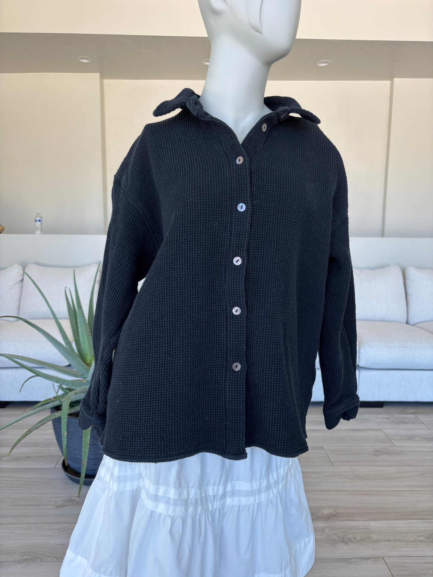 ModRef black cotton textured shirt jacket with silver-esque buttons and cozy waffle fabric