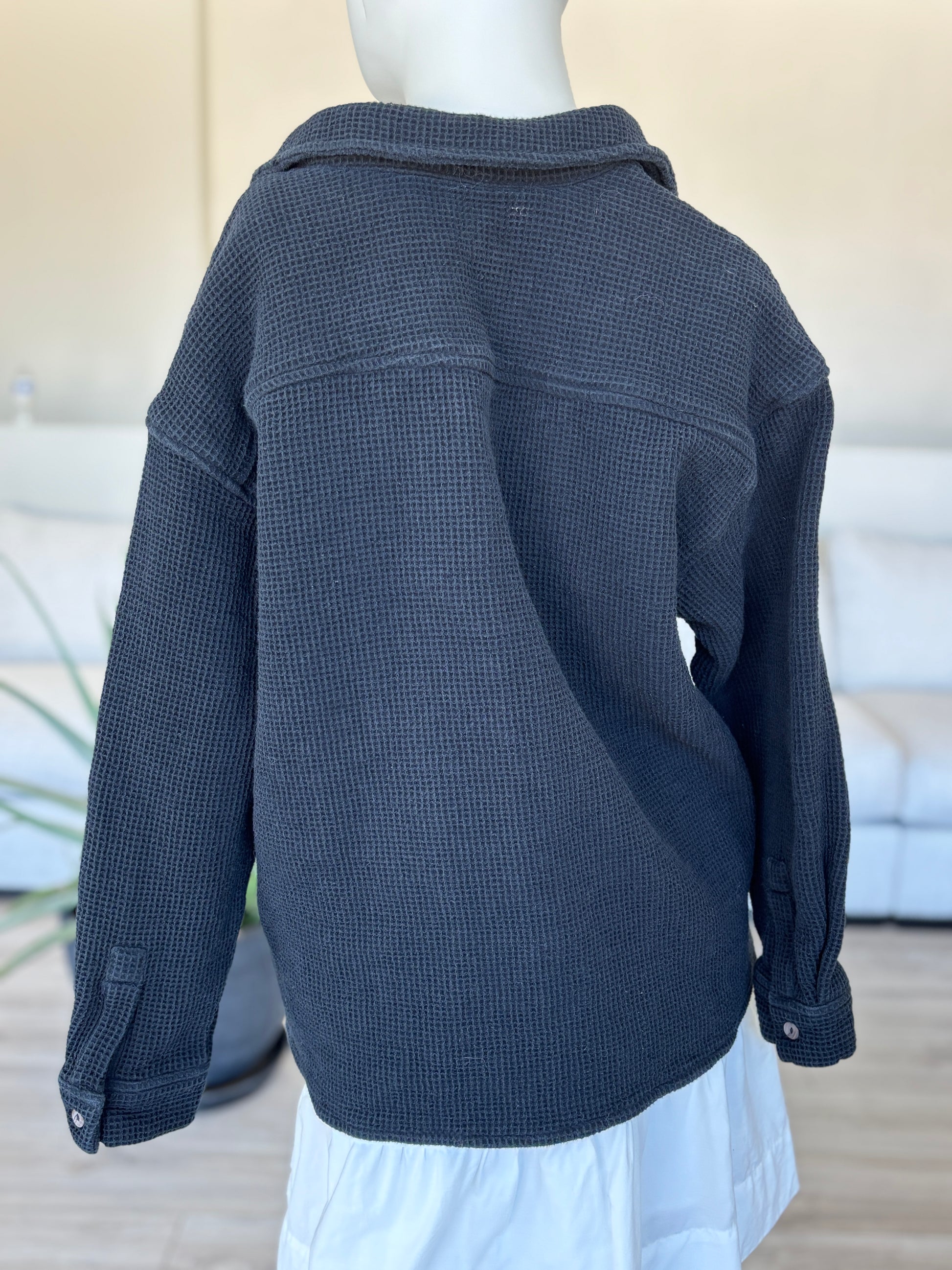 ModRef black button up shacket with silver buttons and soft cotton waffle texture