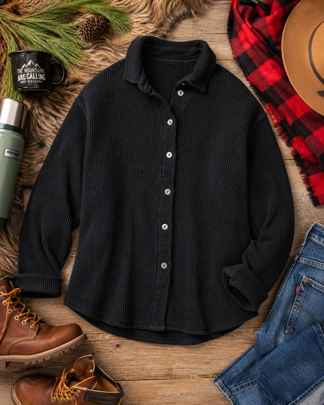 Black ModRef waffle knit button front jacket with relaxed long sleeve fit