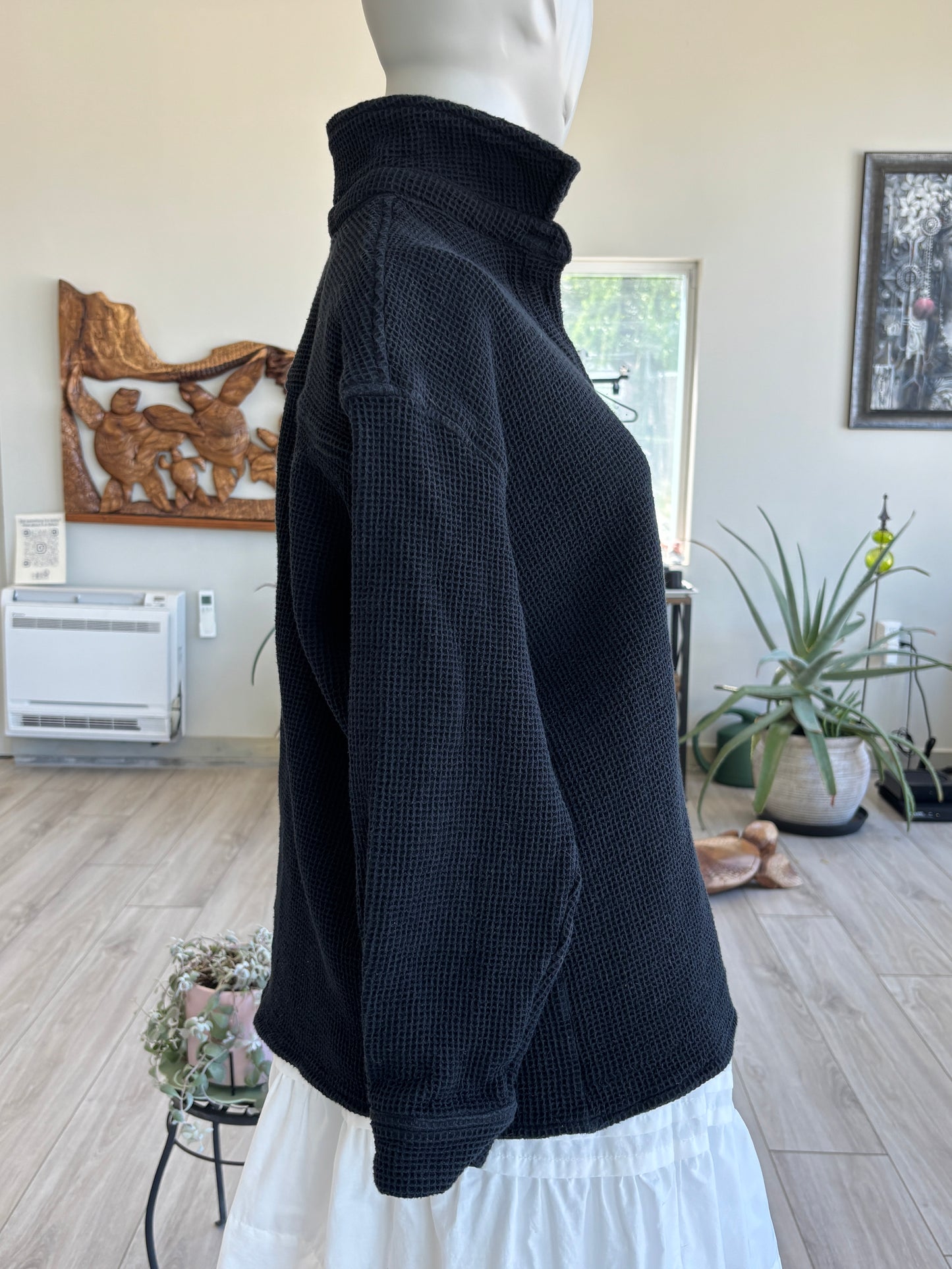 Black cotton ModRef button front jacket with small waffle texture for everyday layering