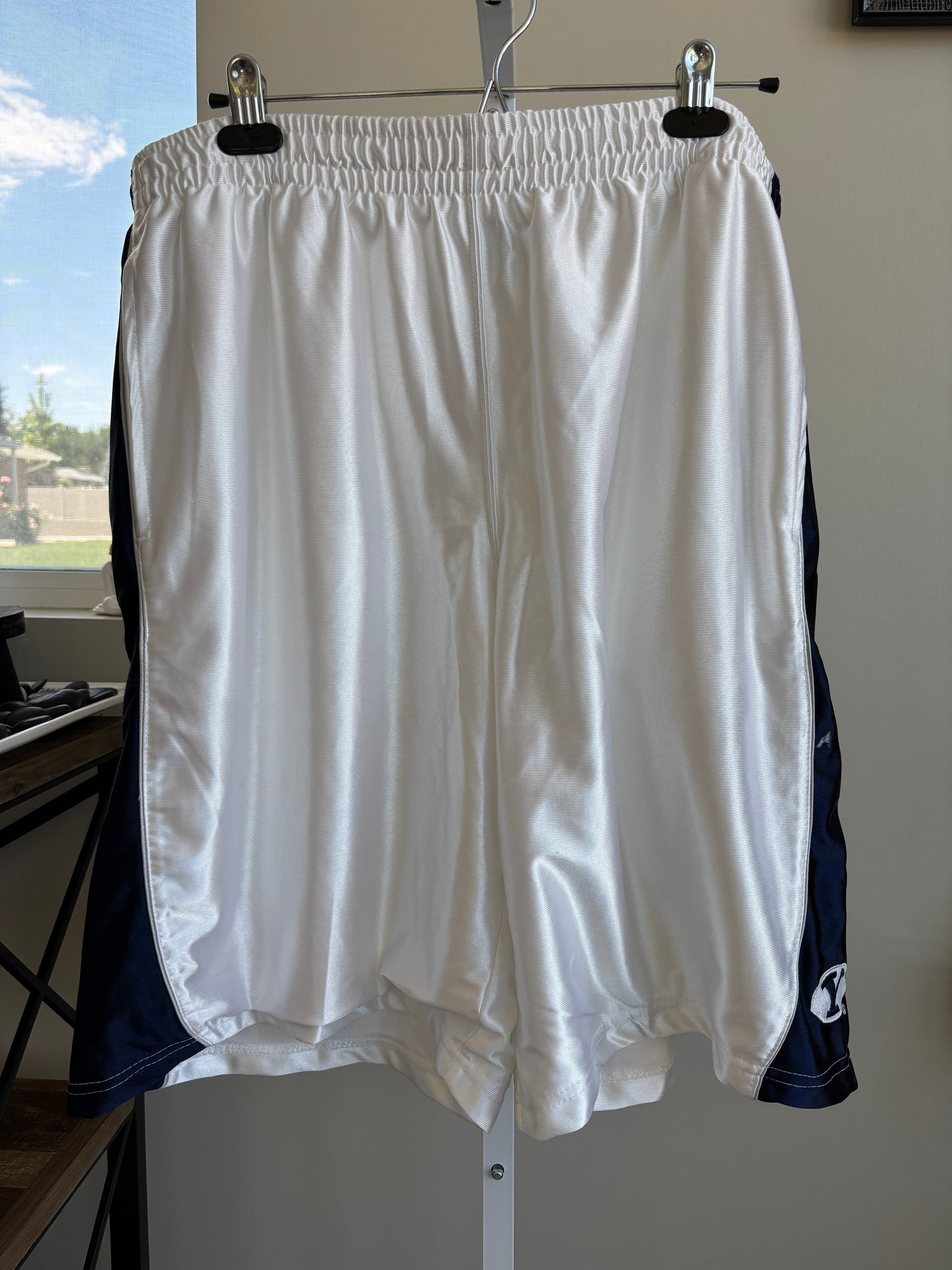 BYU Cougars men’s white athletic shorts with 11 inch inseam