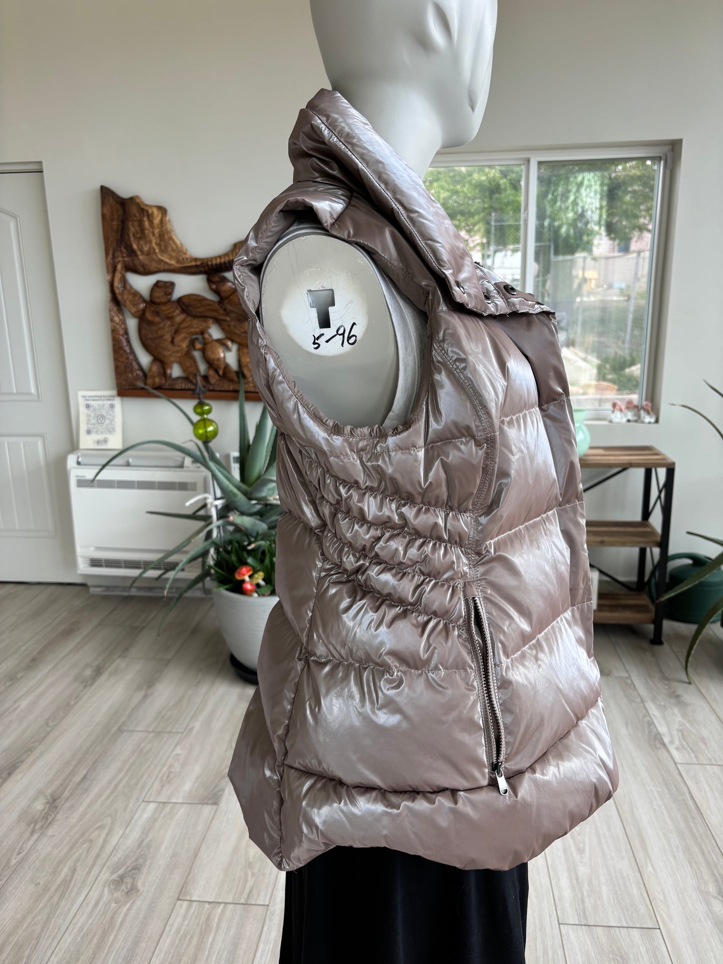 Athleta women’s medium long puffer vest water resistant metallic finish warm lightweight outerwear styling