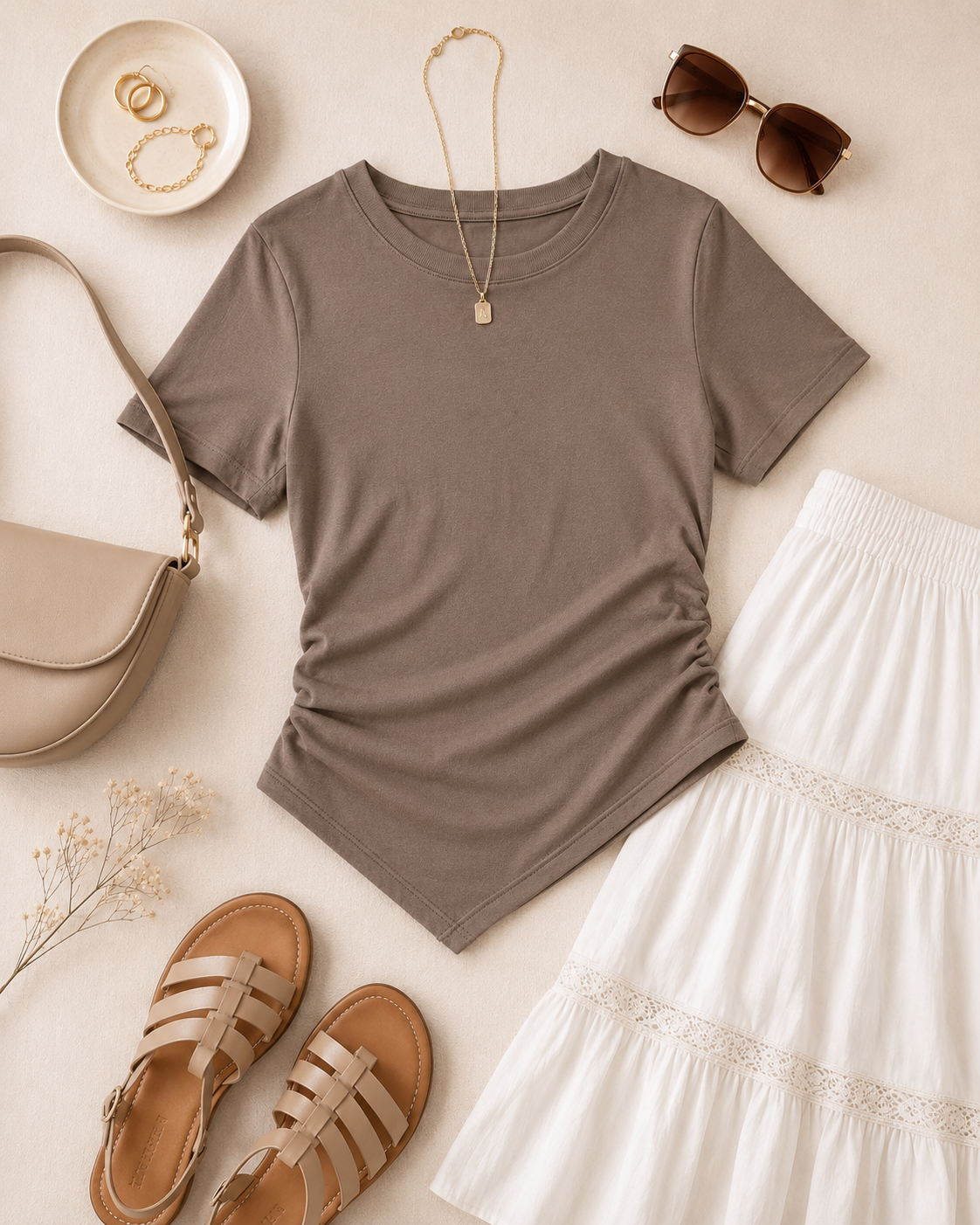 OQQ size large khaki fitted top with nylon spandex fabric and cinched side detail