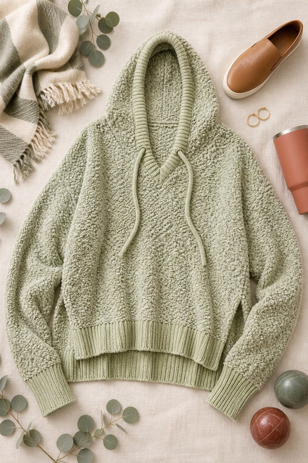 POL Forever Bundled Up With Popcorn Hoodie featuring a plush nubby knit and wide V-neck