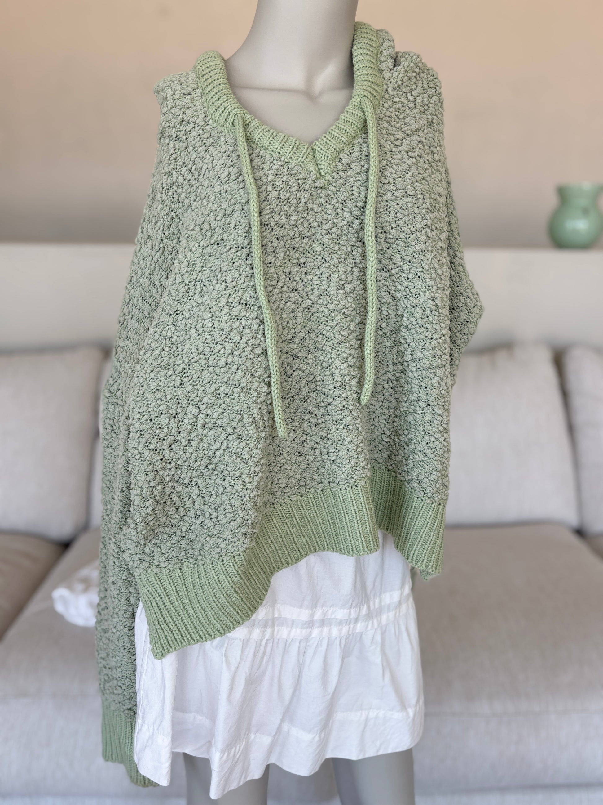  POL bohemian-inspired oversized hooded sweater in pale sage green with distinctive nubby texture