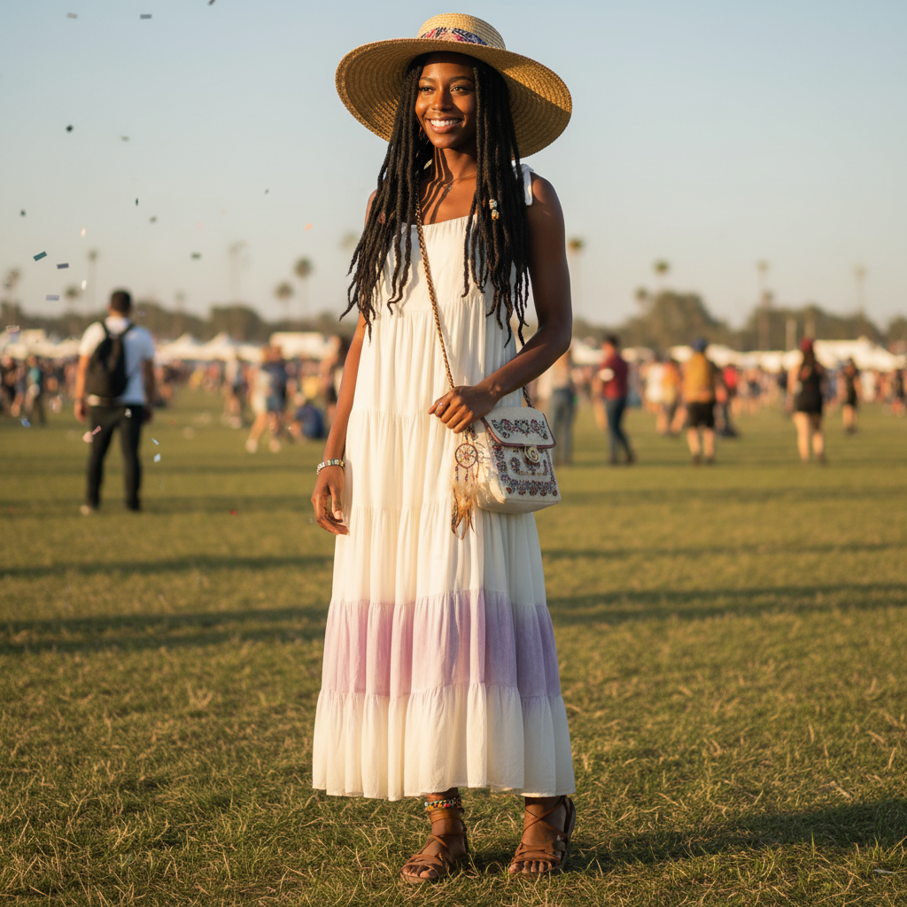 Storia - Cream Tiered Boho Maxi Dress with Lavender, Sage Green & Peach Accent - Size S - long - fun - laid back