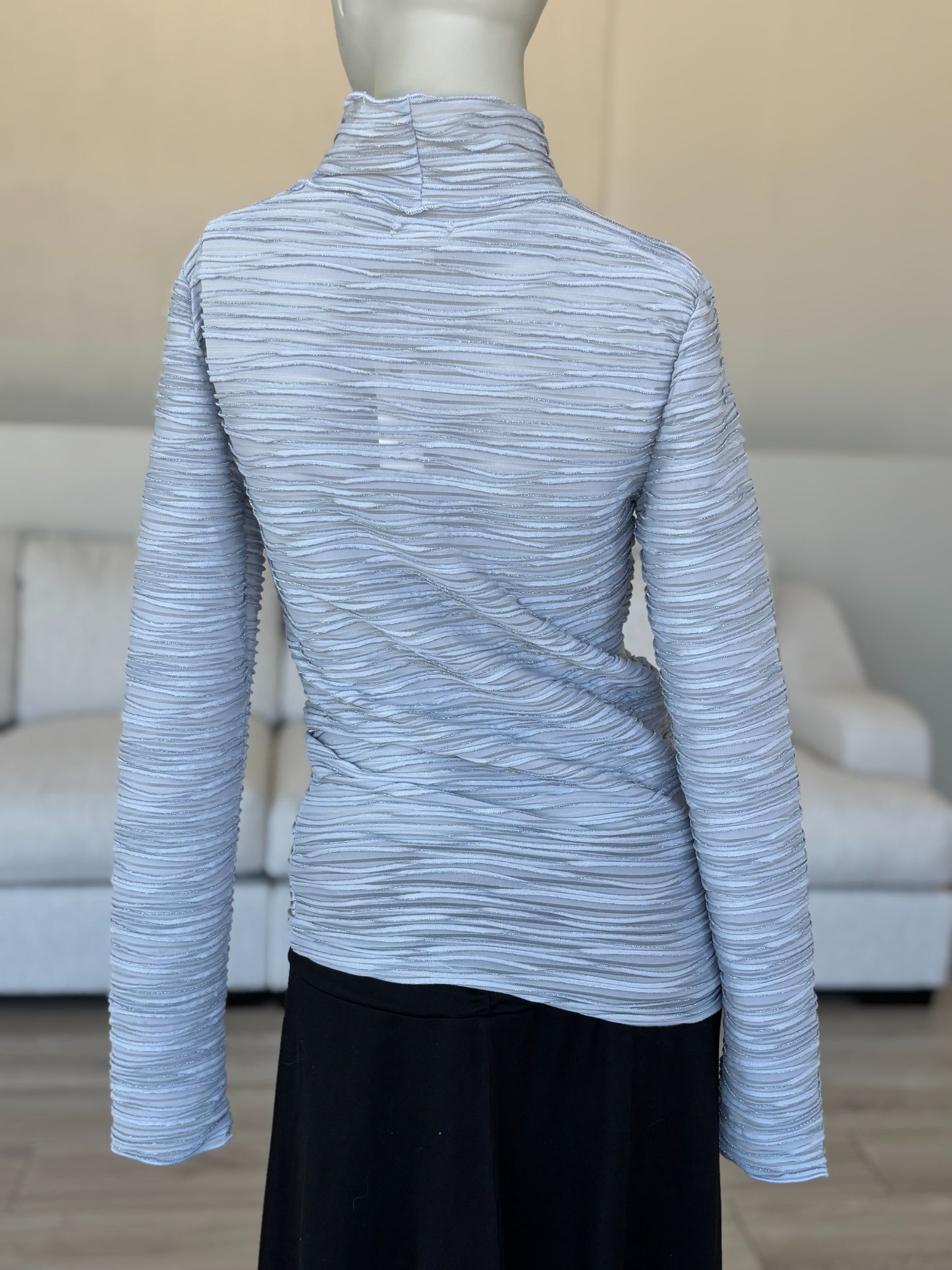 Pilcro gray metallic long sleeve top with opaque and sheer wave-like design