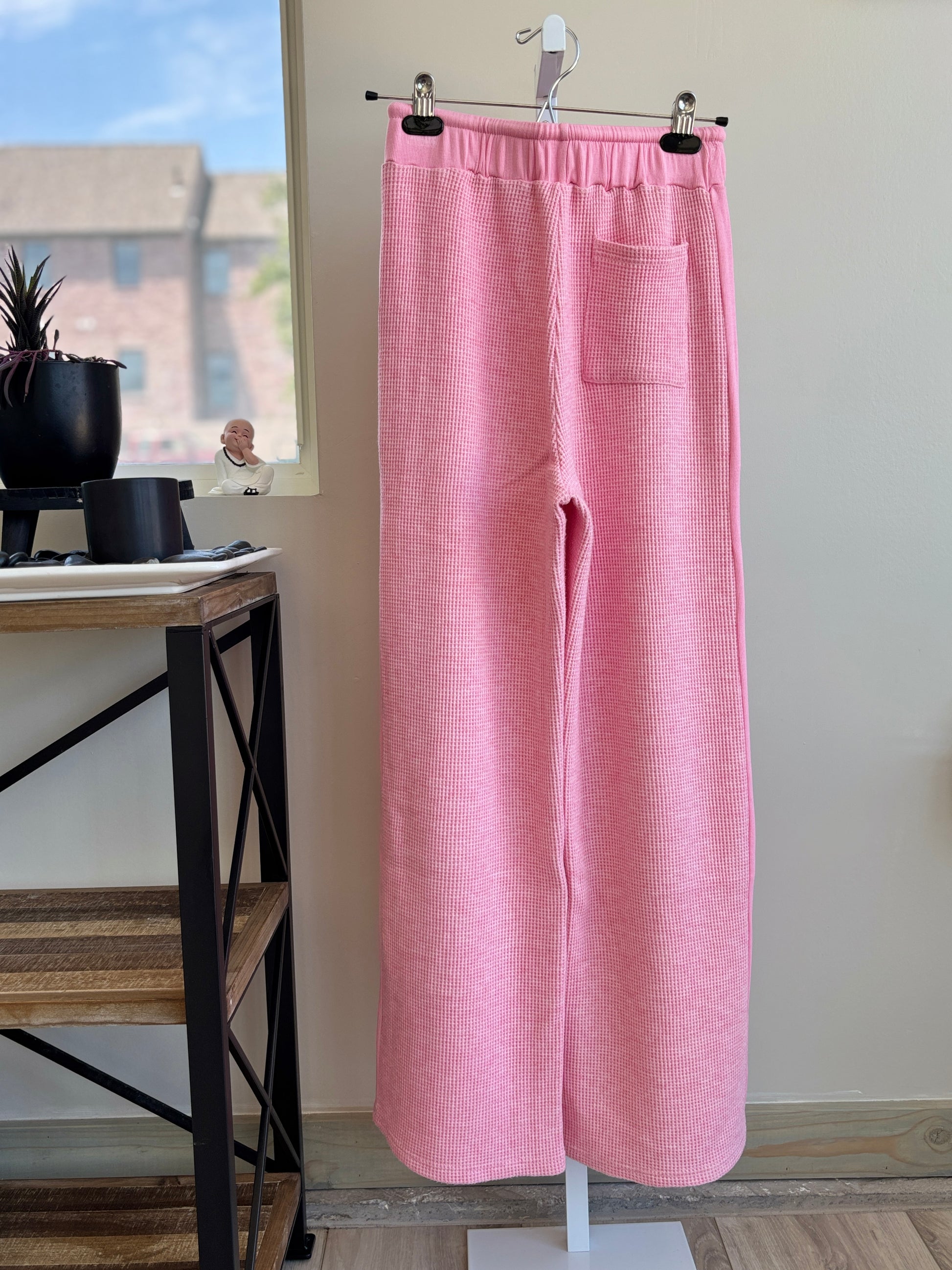 Pink Lily pink waffle knit pants size small styled for cozy feminine lounge wear