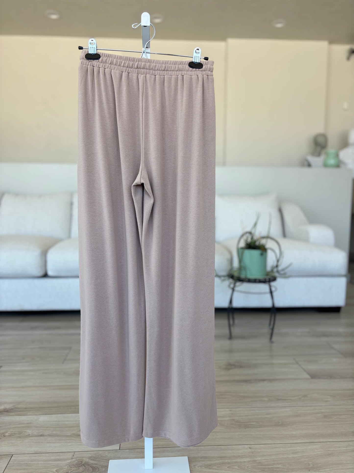 Pink Lily taupe tan rayon blend lounge pants with stretch and easy pull on fit