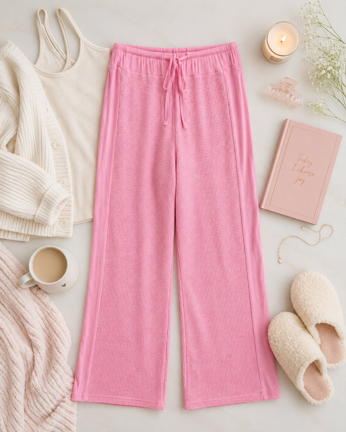 Pink Lily soft pink lounge pants size small with waffle knit texture and wide leg silhouette