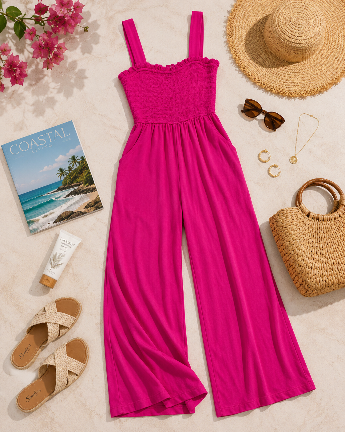 Bright pink Pink Lily jumpsuit with ruched bodice and wide leg silhouette