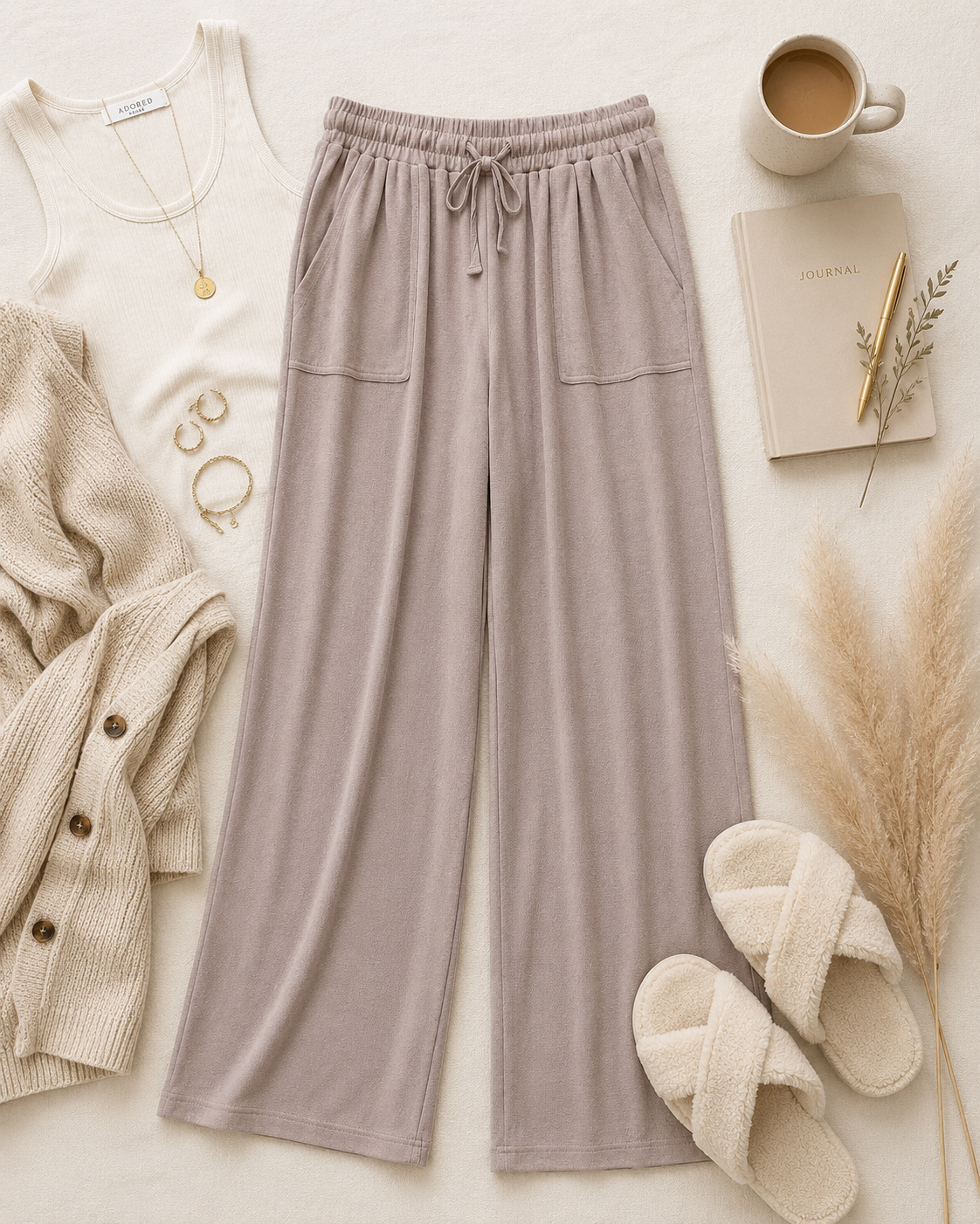Pink Lily tan lounge pants size small with soft flowy fabric and relaxed wide leg silhouette