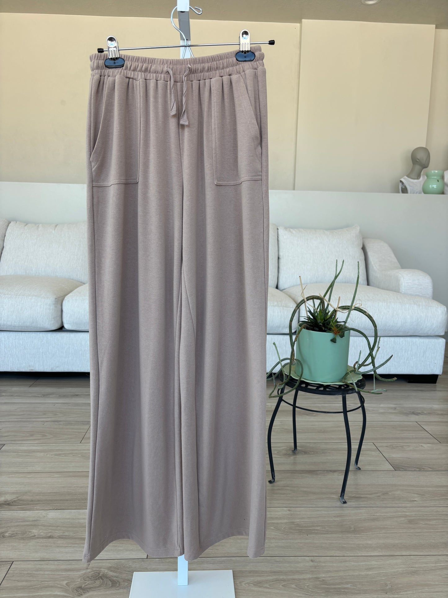 Pink Lily taupe wide leg pants with front pockets and comfortable tie waist from Adored Again boutique