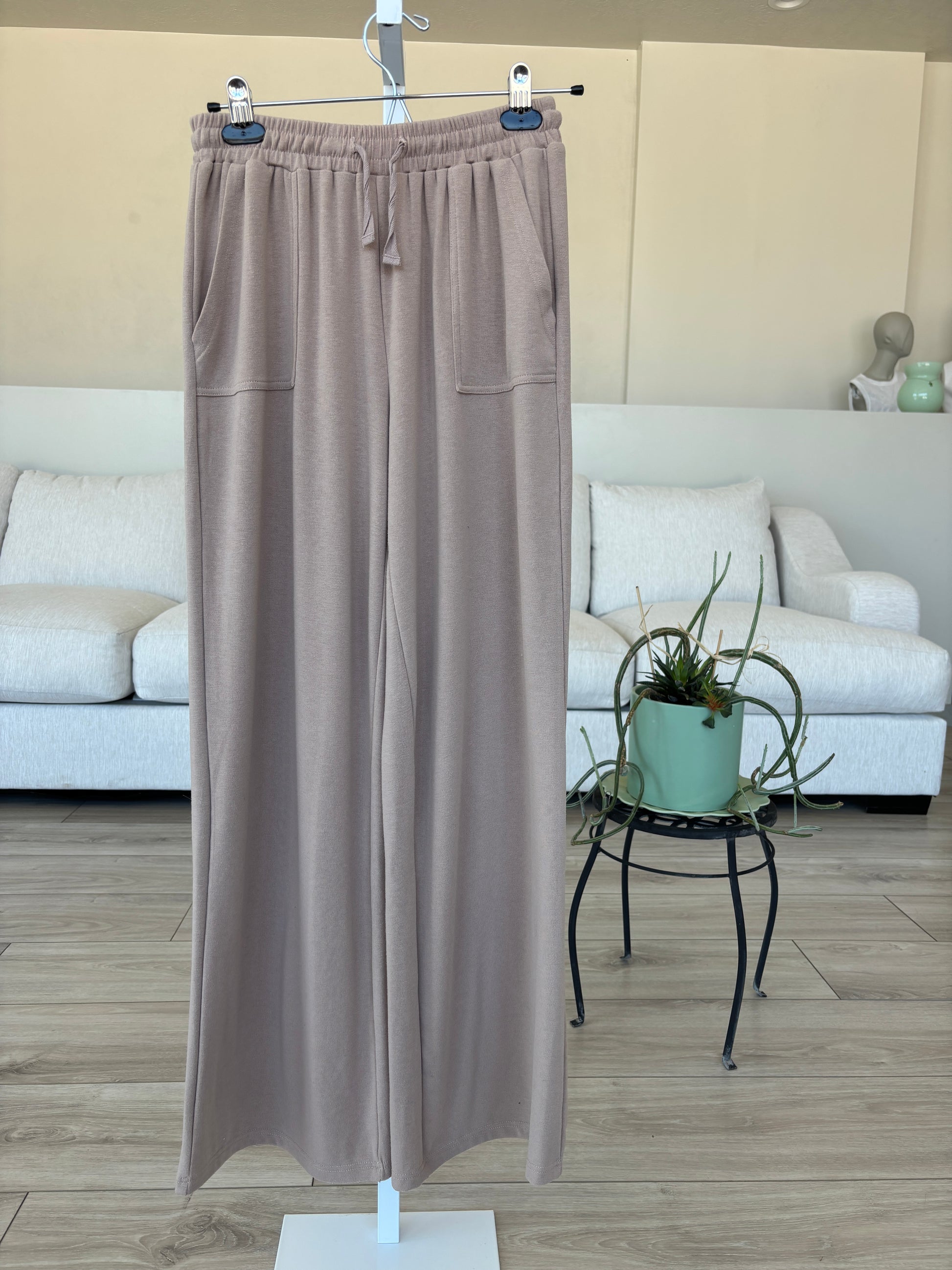 Pink Lily taupe wide leg pants with front pockets and comfortable tie waist from Adored Again boutique