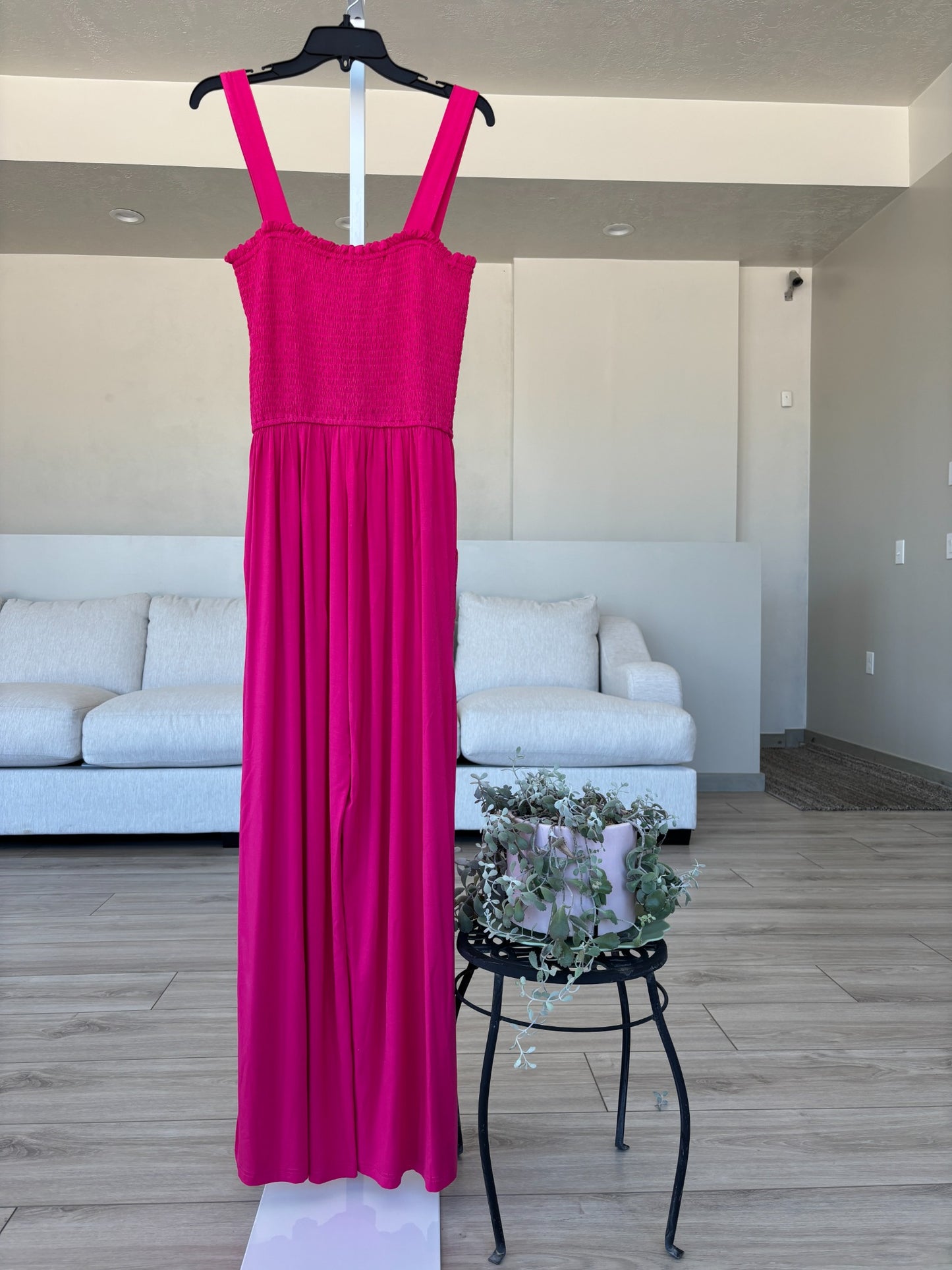 Pink Lily wide leg jumpsuit in vibrant fuchsia pink with comfortable stretch bodice