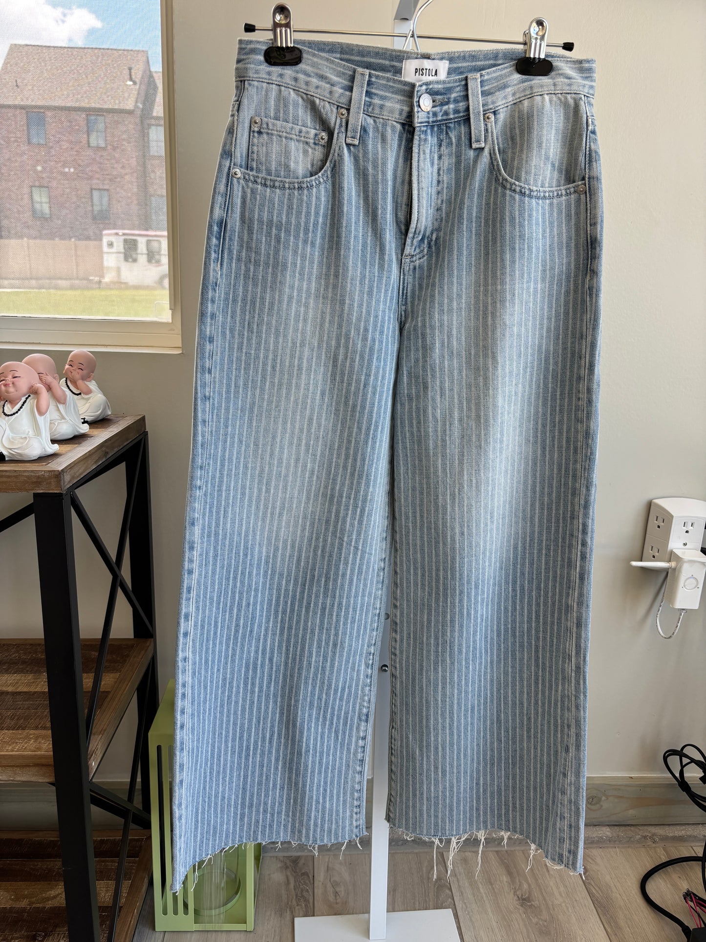 Pistola blue and white striped denim jeans styled with white tennis shoes for a fun everyday outfit.