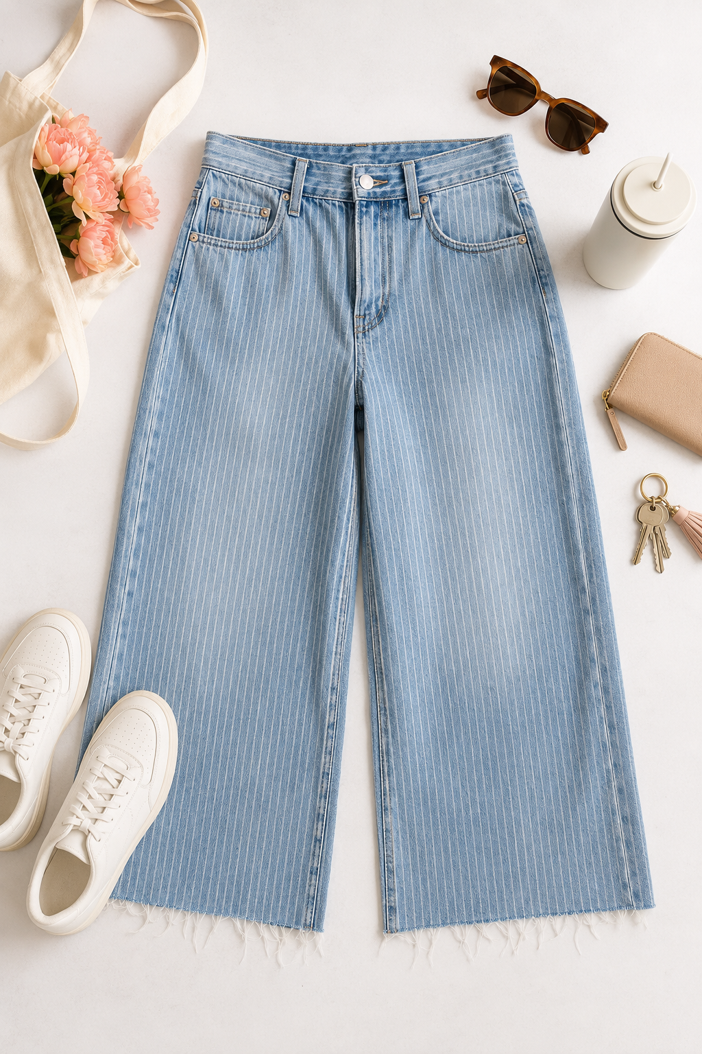 Woman dancing in Pistola striped cropped wide leg jeans with white sneakers on a sunny city street.