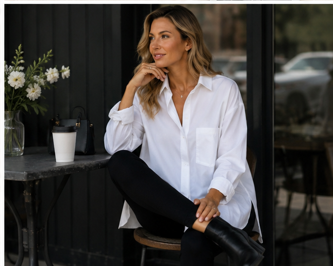 Pistola oversized white button up blouse size small new with tags styled with black leggings